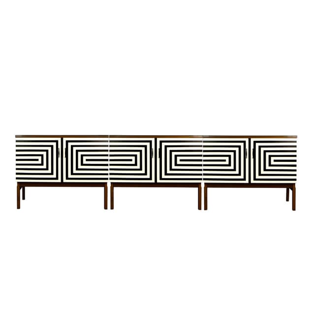 Sideboard Op Art, brązowy, drewno, szkło czarne, Polska, lata 70. - WYMIARY