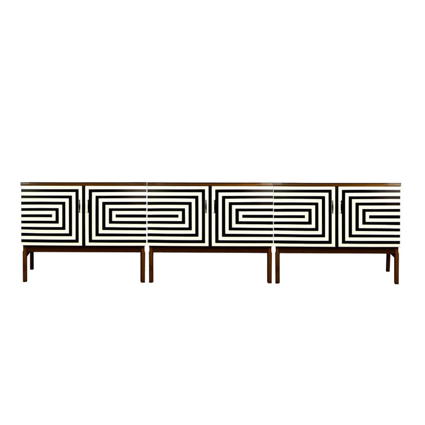 Sideboard Op Art, brązowy, drewno, szkło czarne, Polska, lata 70.