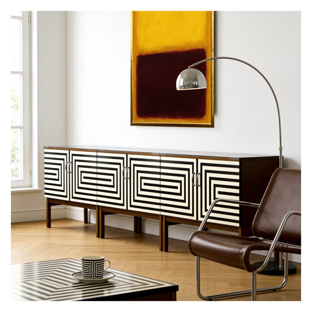 Sideboard Op Art, brązowy, drewno, szkło czarne, Polska, lata 70. - 391125