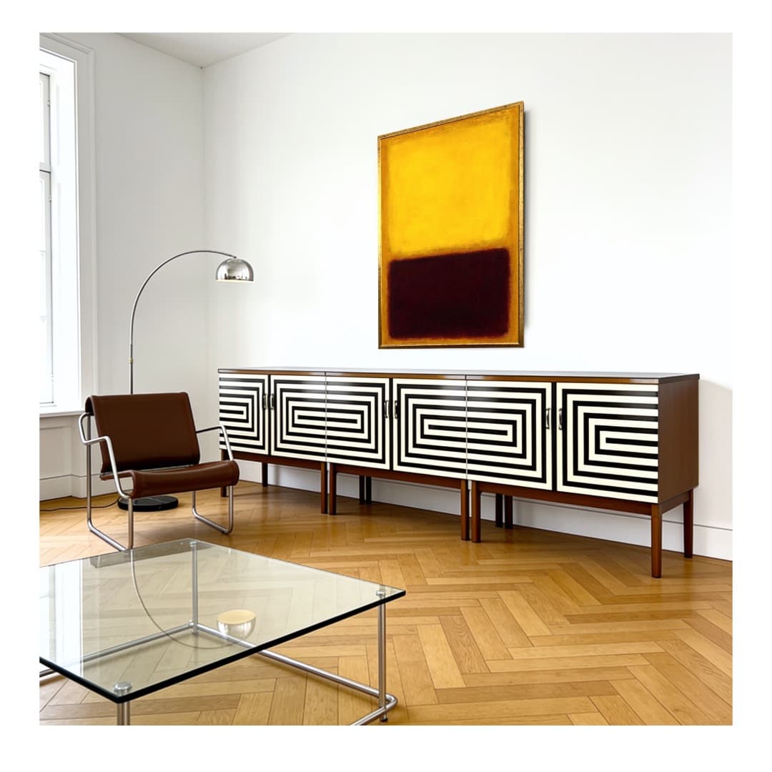 Sideboard Op Art, brązowy, drewno, szkło czarne, Polska, lata 70. - 391126