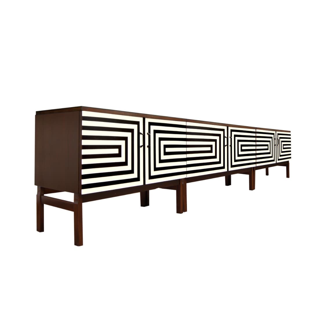 Sideboard Op Art, brązowy, drewno, szkło czarne, Polska, lata 70. - 391129