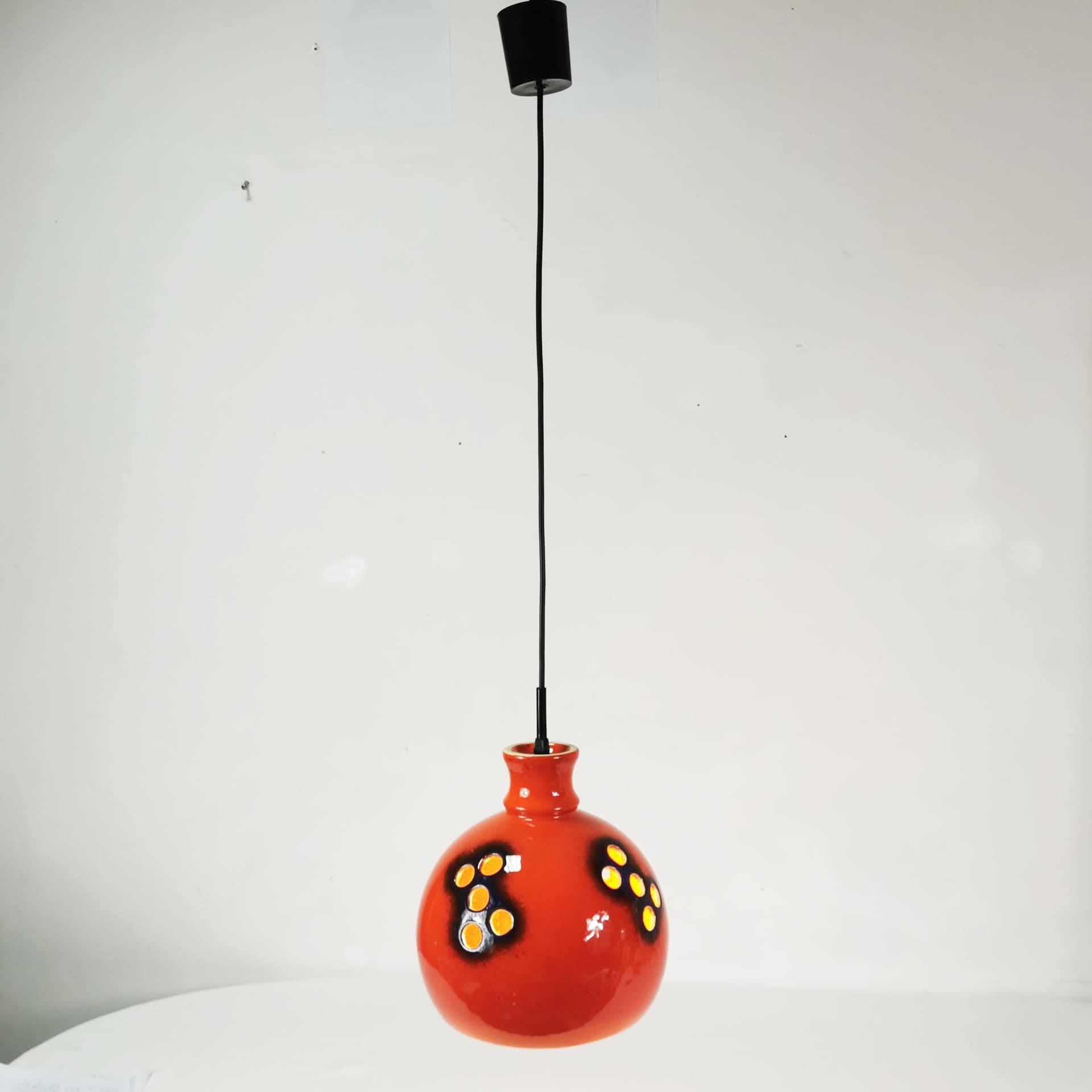 Pendant lamp Space Age, orange-red ceramic, dark blue-black glaze, Germany, 1970s. - 391138