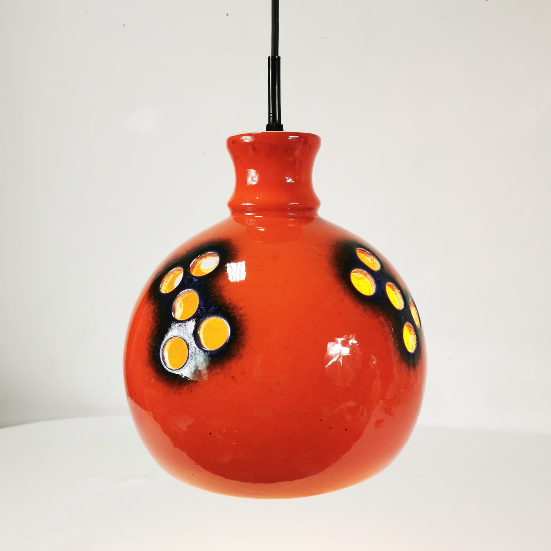 Pendant lamp Space Age, orange-red ceramic, dark blue-black glaze, Germany, 1970s. - 391146