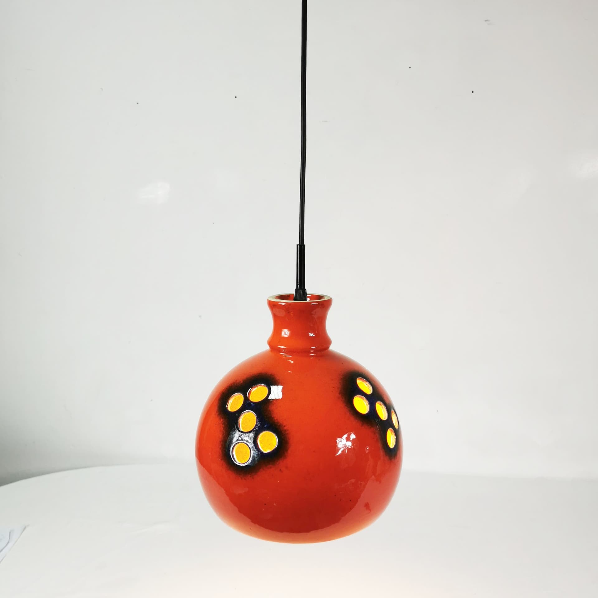 Pendant lamp Space Age, orange-red ceramic, dark blue-black glaze, Germany, 1970s. - 391147