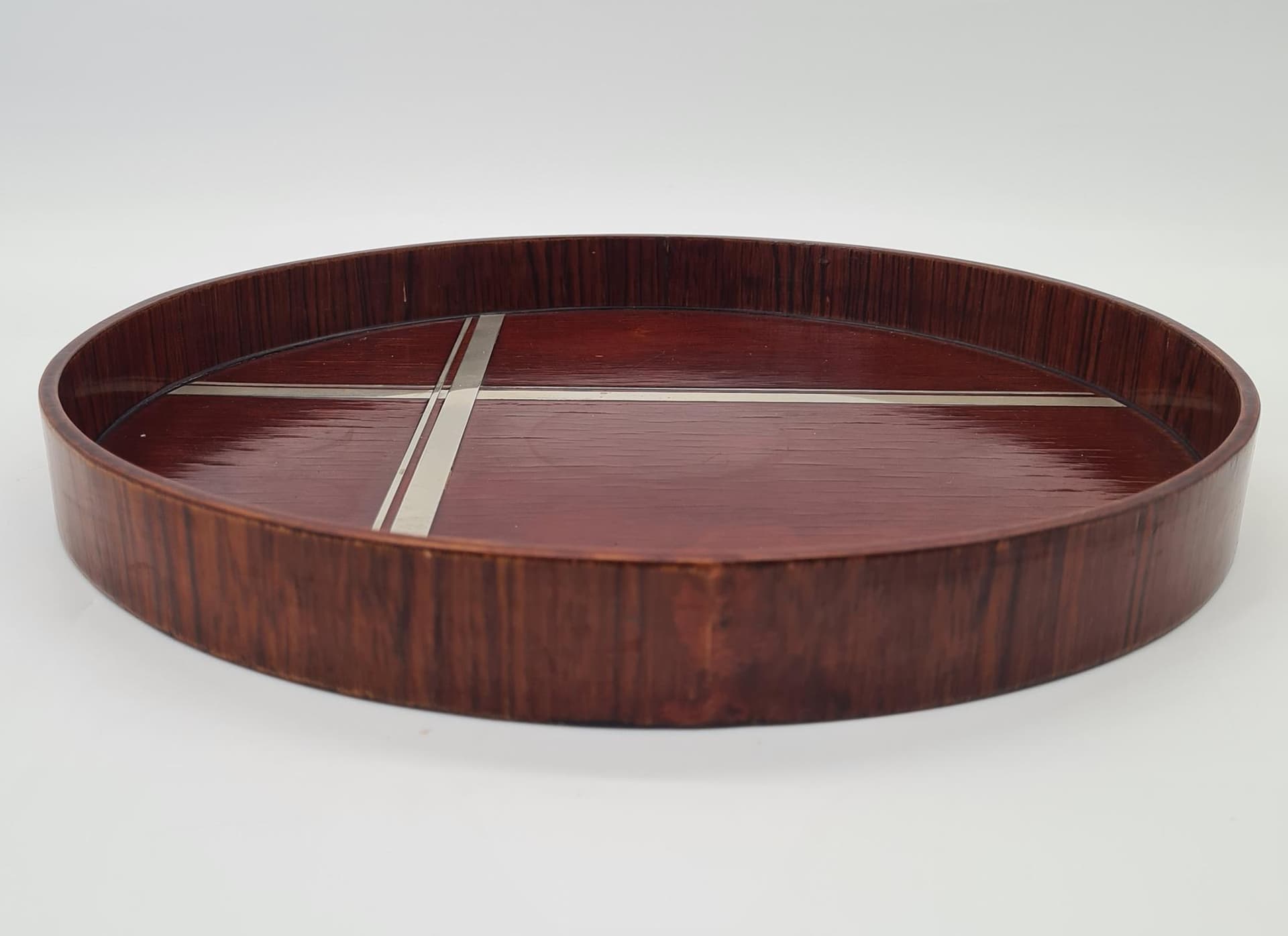 Round Tray Art Deco, brown wood, metal, Europe, 1930s - 391205