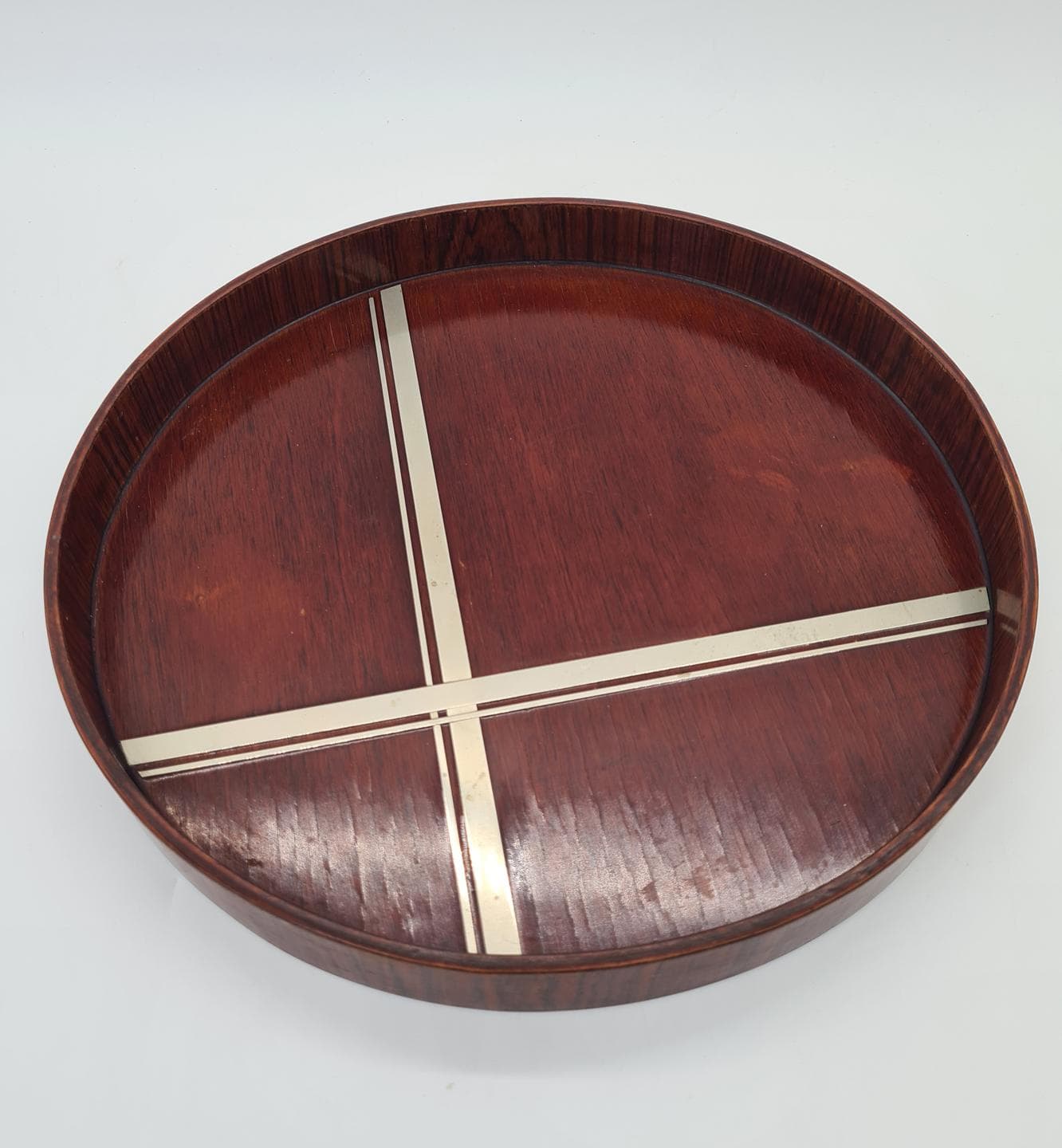 Round Tray Art Deco, brown wood, metal, Europe, 1930s - 391202