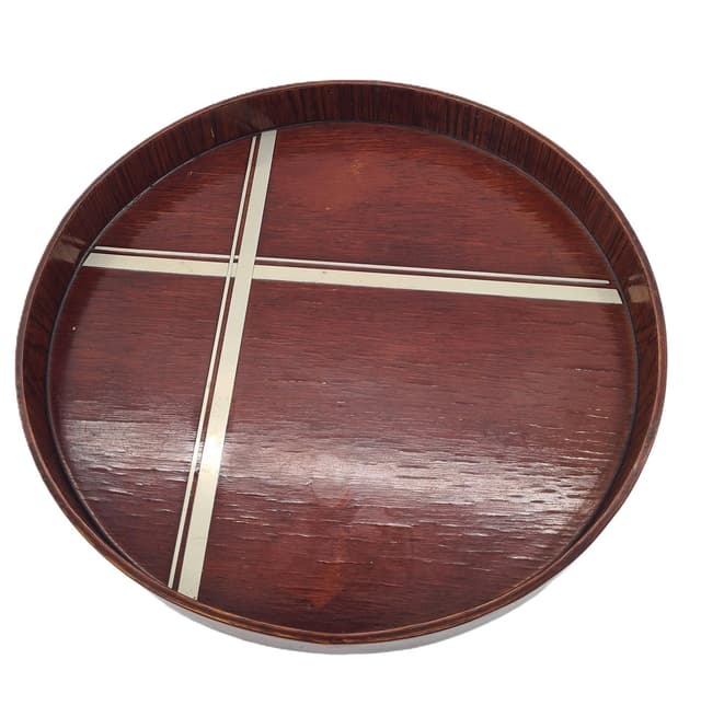 Round Tray Art Deco, brown wood, metal, Europe, 1930s - DIMENSION