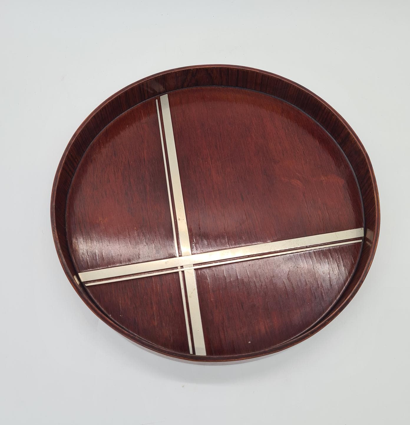 Round Tray Art Deco, brown wood, metal, Europe, 1930s - 391204