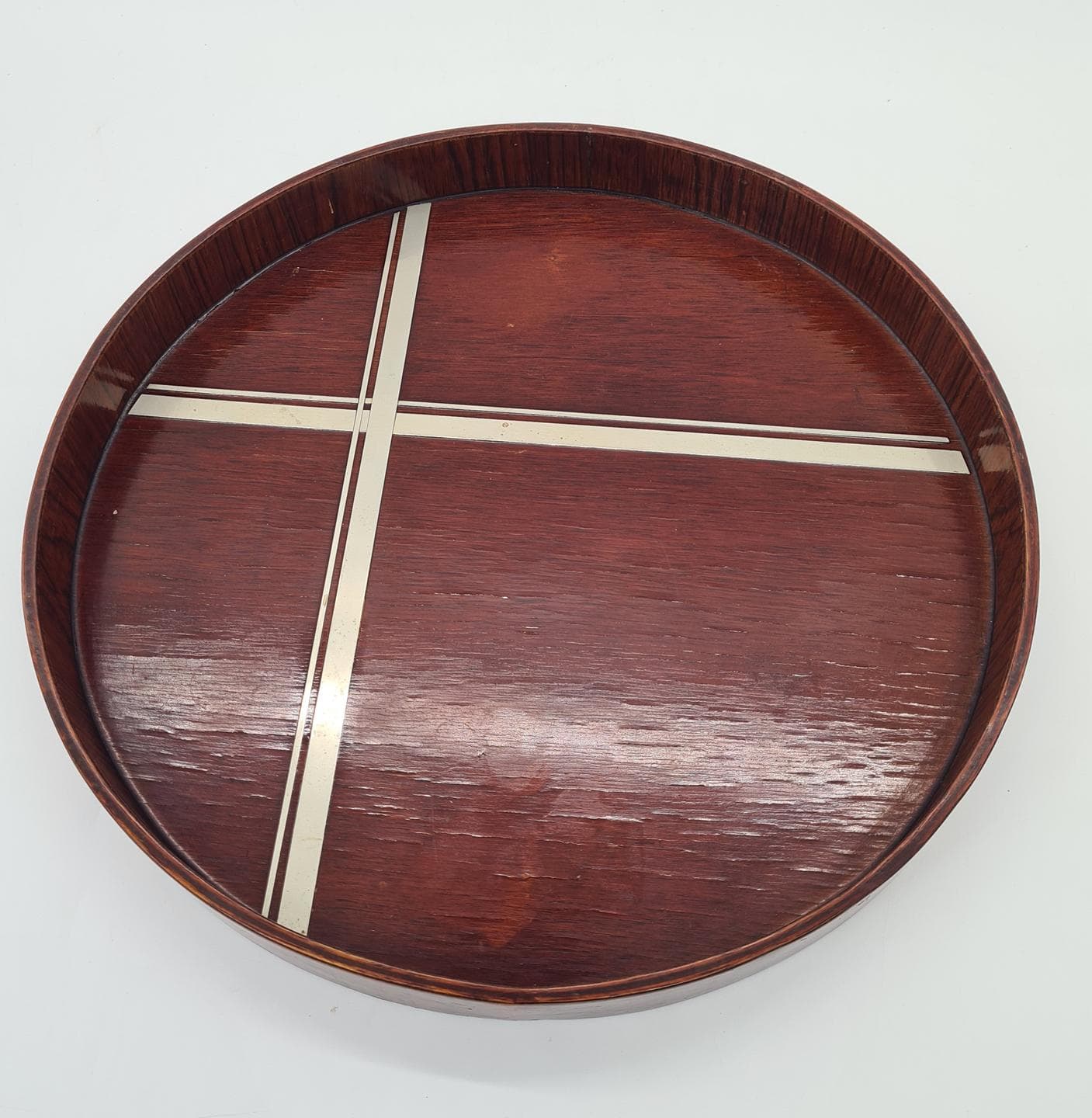 Round Tray Art Deco, brown wood, metal, Europe, 1930s - 391206