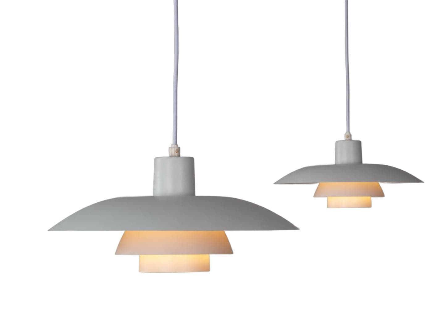 Pair of pendant lamps PH 4/3, white metal, by P. Henningsen, Louis Poulsen, Denmark, 1960s.