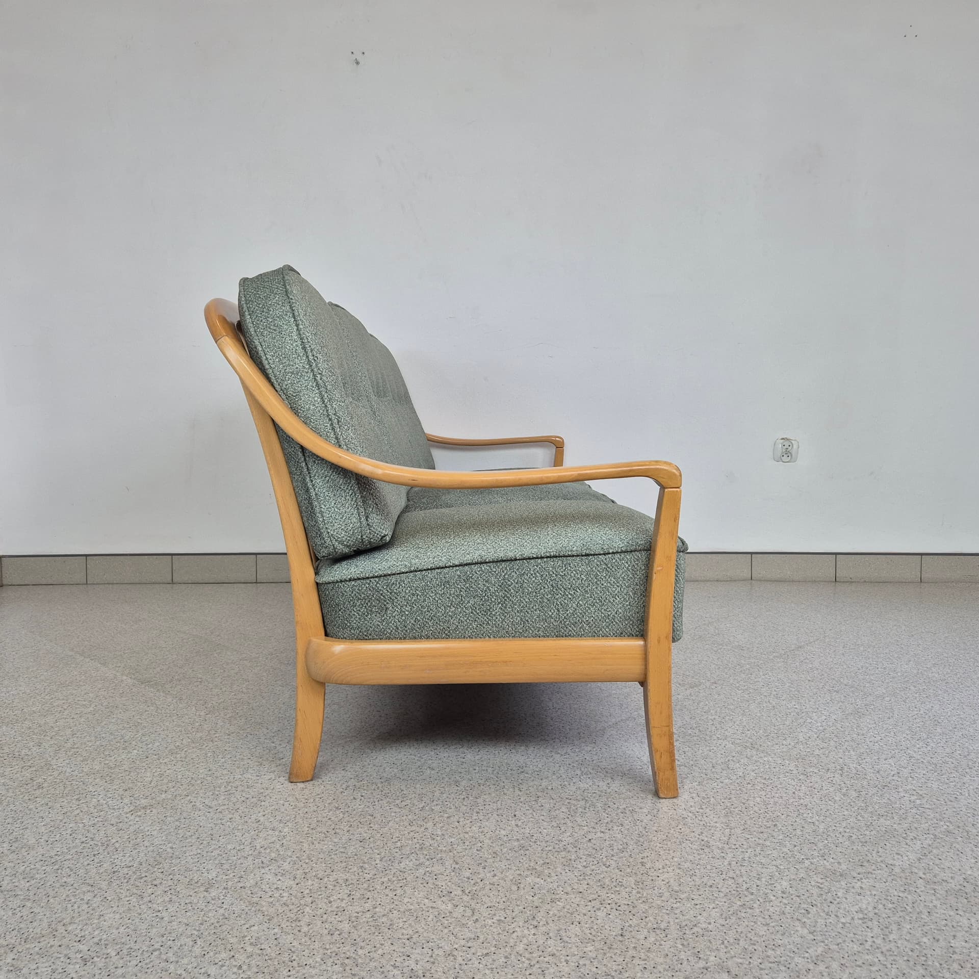 Three-seater sofa, green, light wood, fabric, Germany, 1970s. - 391495