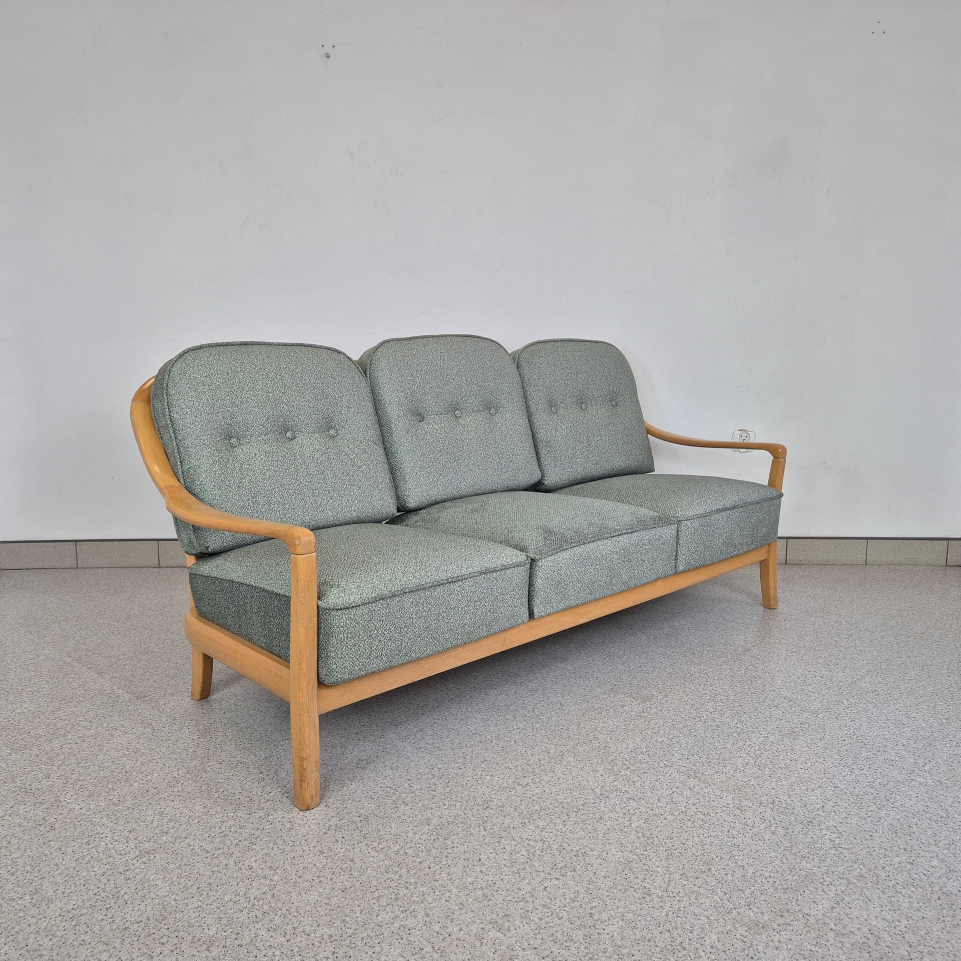 Three-seater sofa, green, light wood, fabric, Germany, 1970s. - 391493