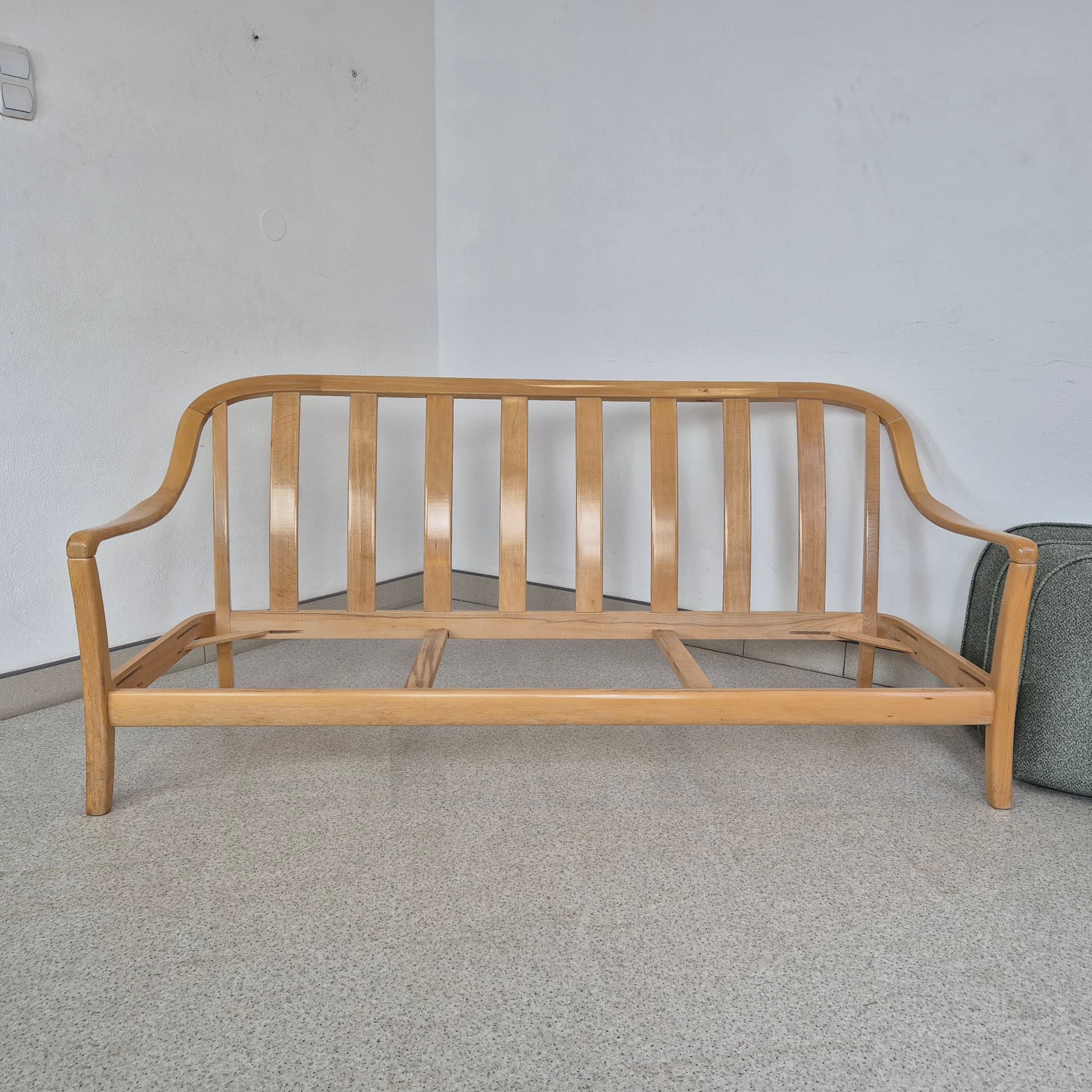 Three-seater sofa, green, light wood, fabric, Germany, 1970s. - 391489