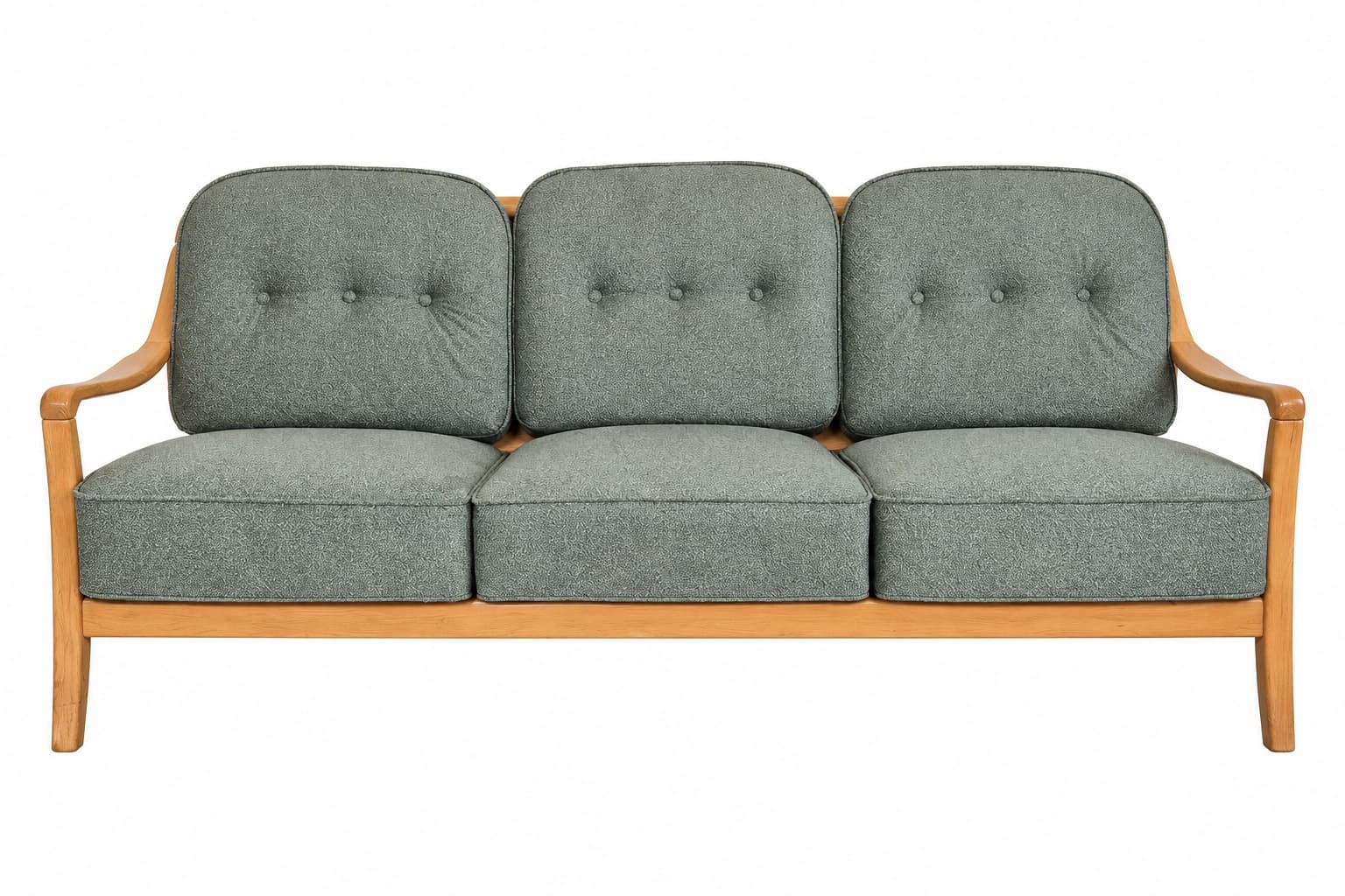 Three-seater sofa, green, light wood, fabric, Germany, 1970s.