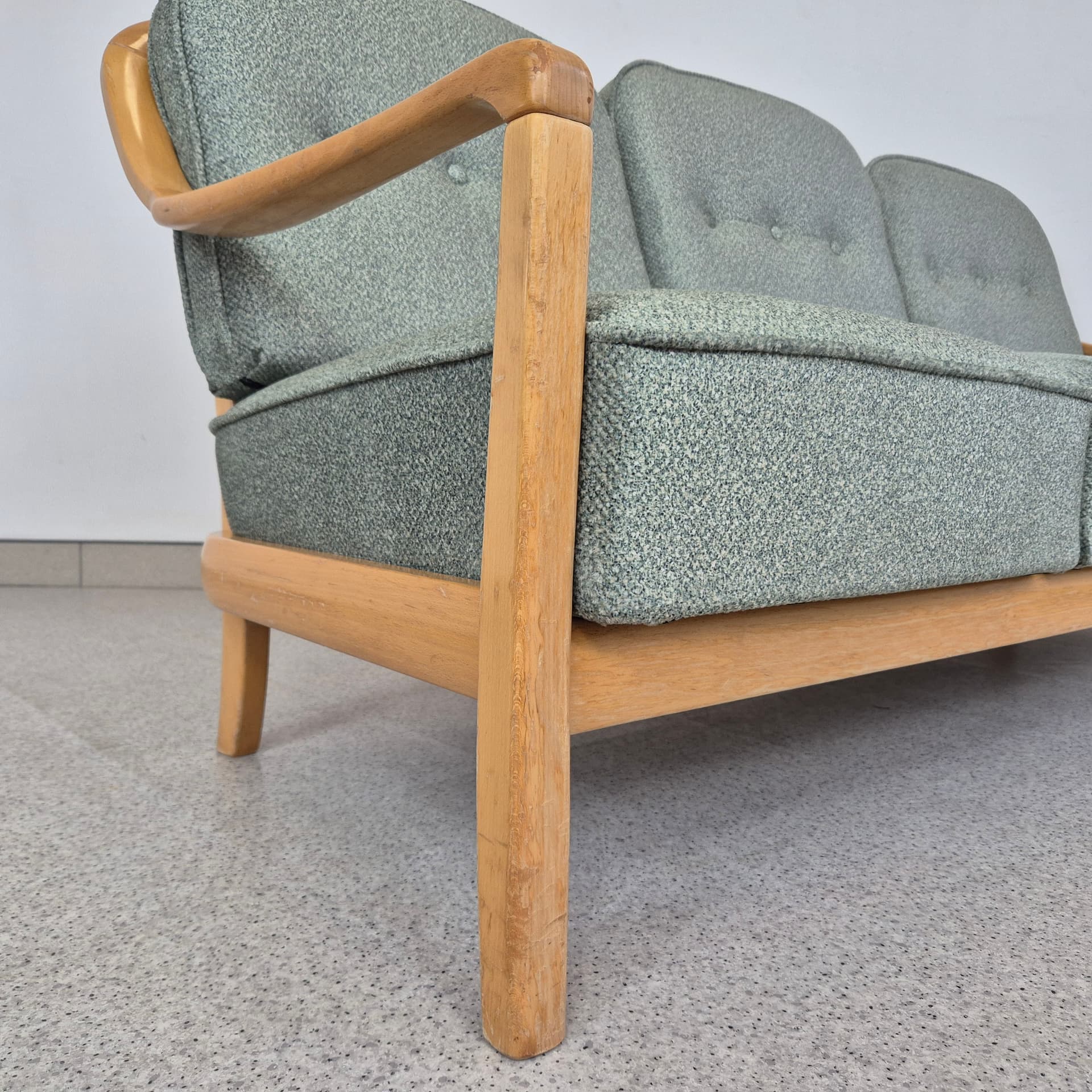 Three-seater sofa, green, light wood, fabric, Germany, 1970s. - 391492