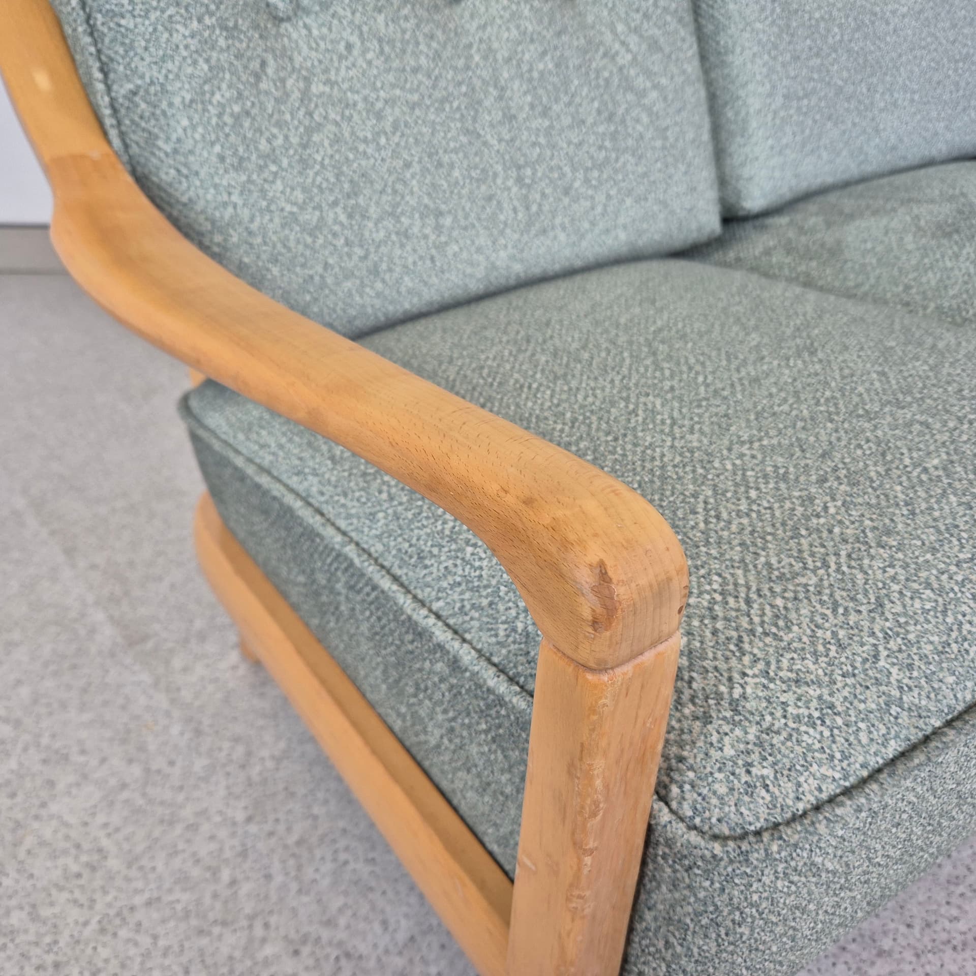 Three-seater sofa, green, light wood, fabric, Germany, 1970s. - 391487