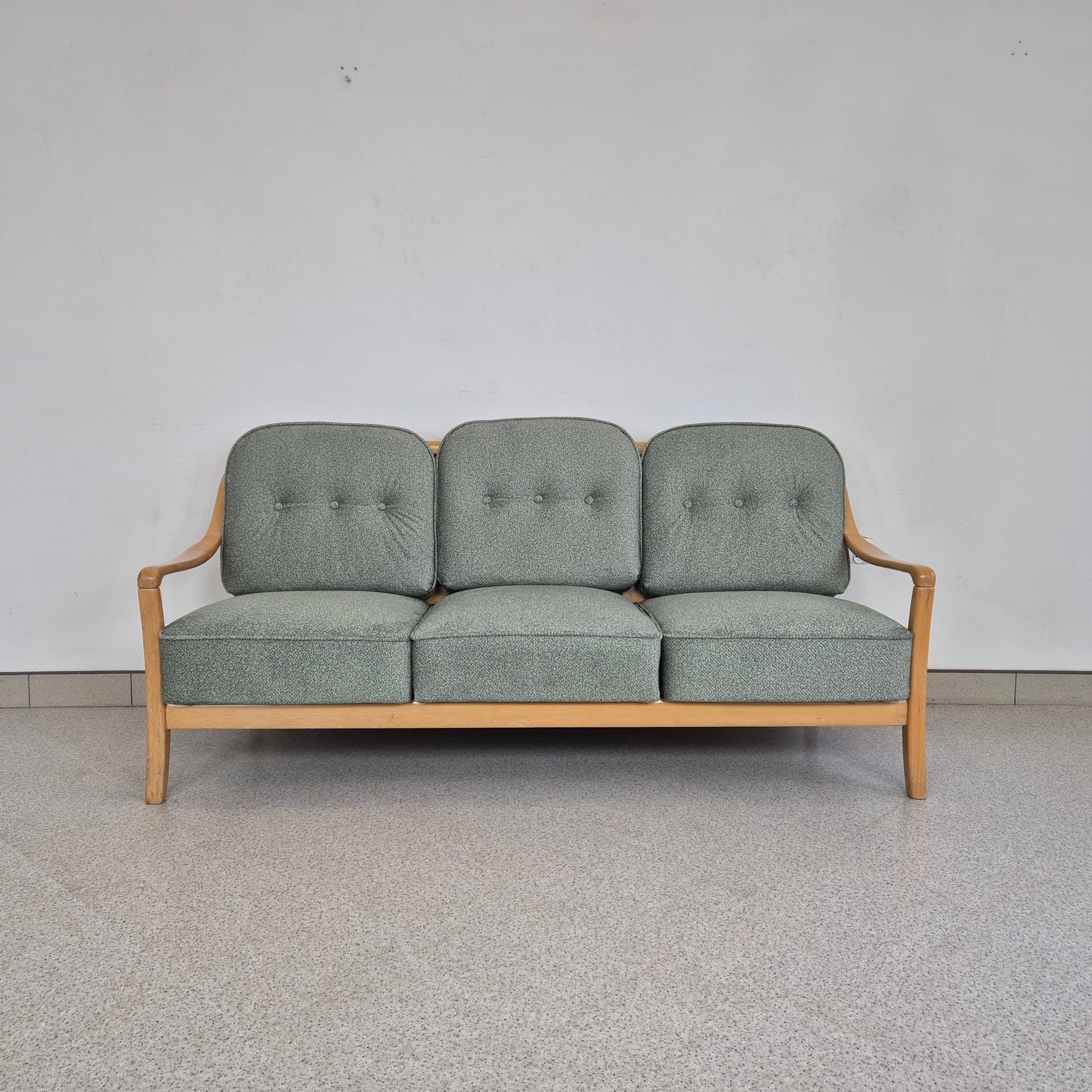 Three-seater sofa, green, light wood, fabric, Germany, 1970s. - 391498