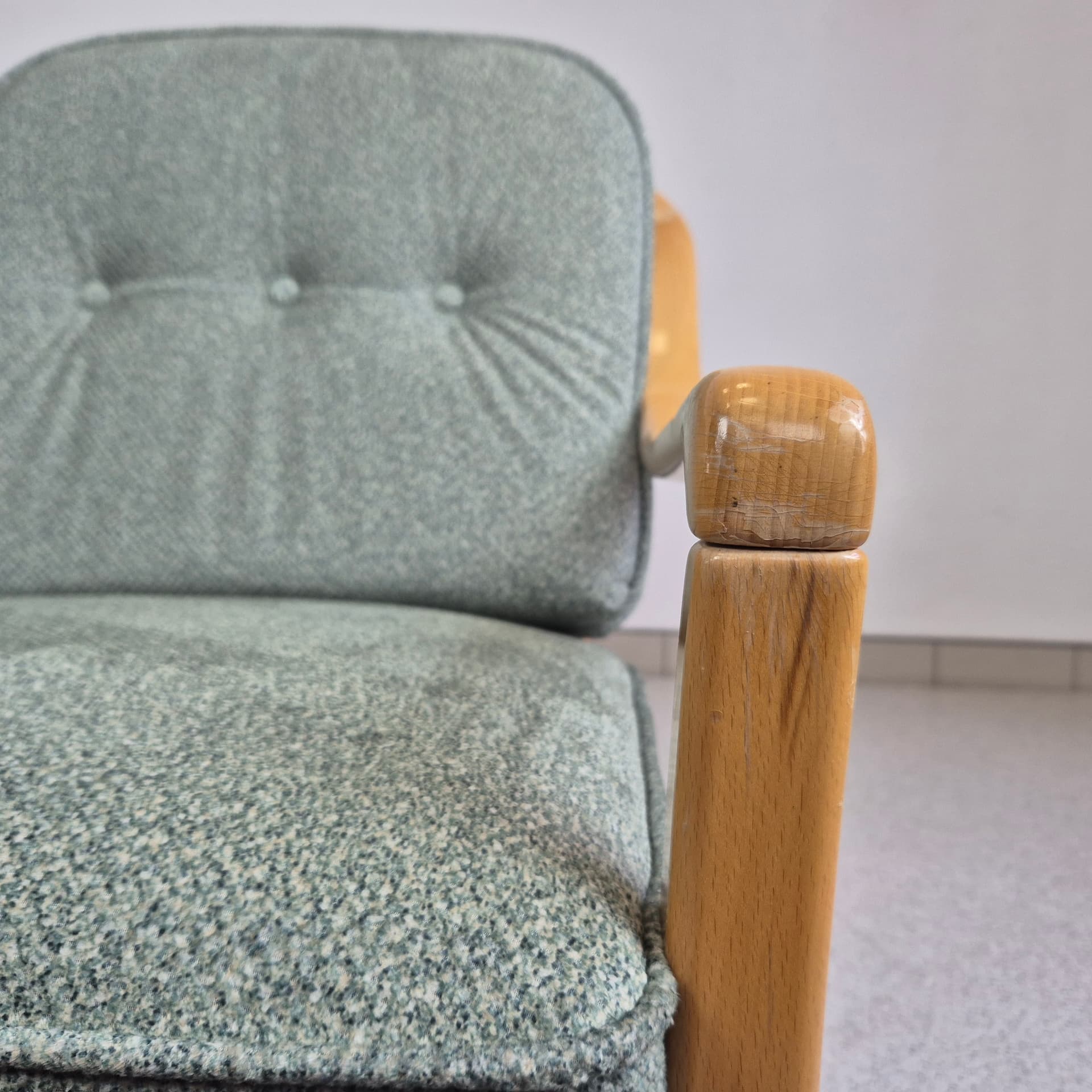 Three-seater sofa, green, light wood, fabric, Germany, 1970s. - 391488