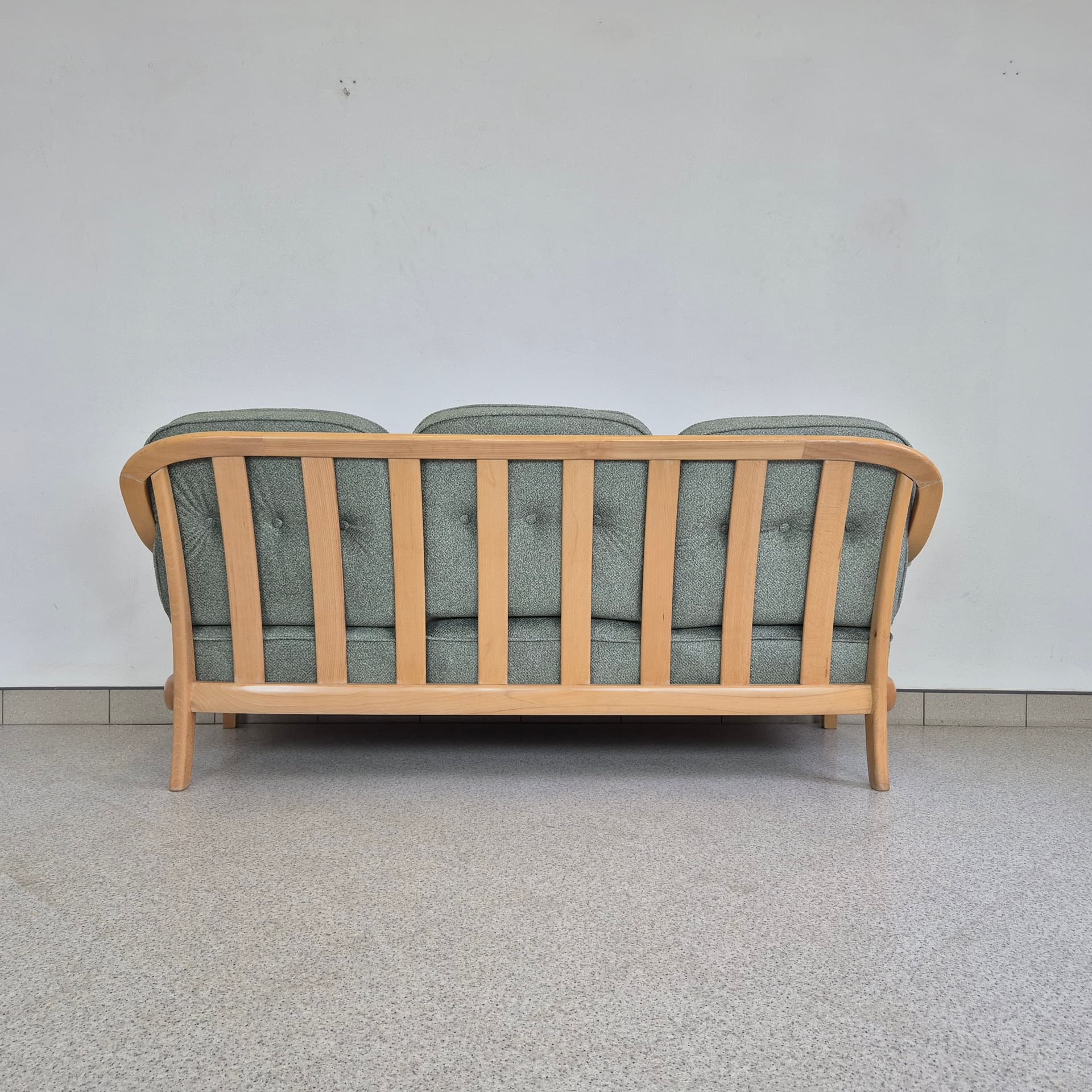 Three-seater sofa, green, light wood, fabric, Germany, 1970s. - 391490