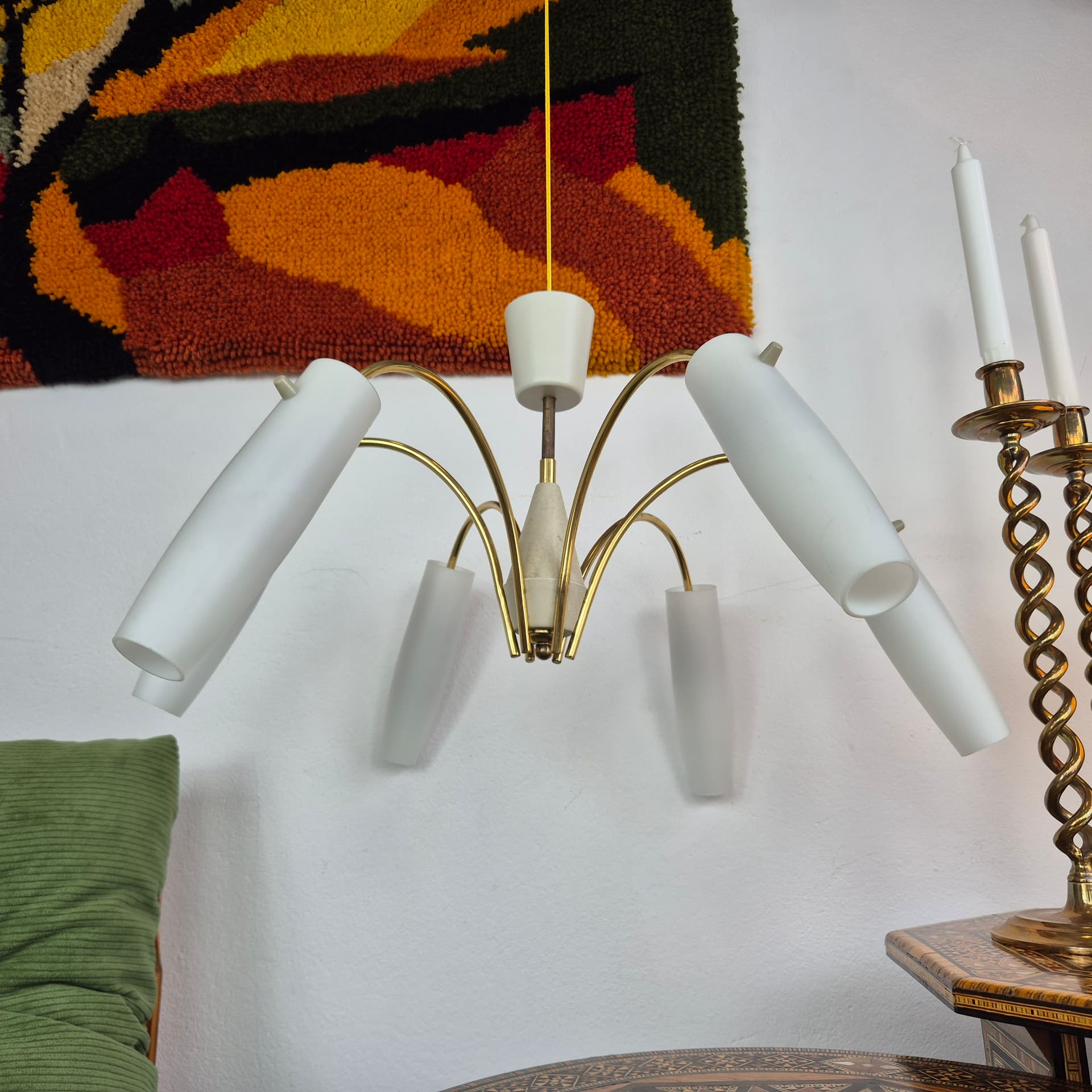 Chandelier Sputnik Rockabilly, gold brass, white glass, Germany, 1950s. - 391515