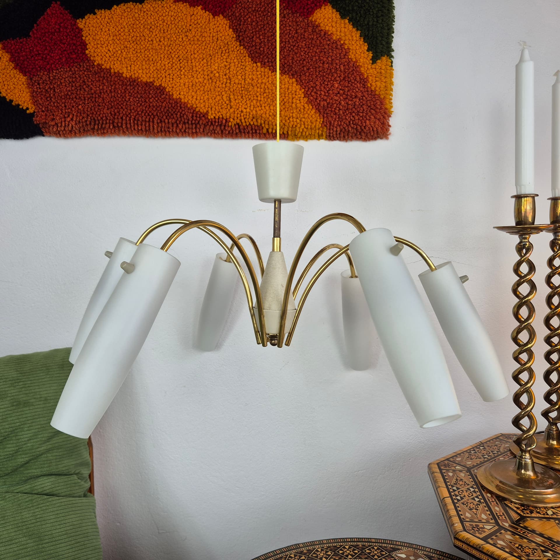 Chandelier Sputnik Rockabilly, gold brass, white glass, Germany, 1950s. - 391516