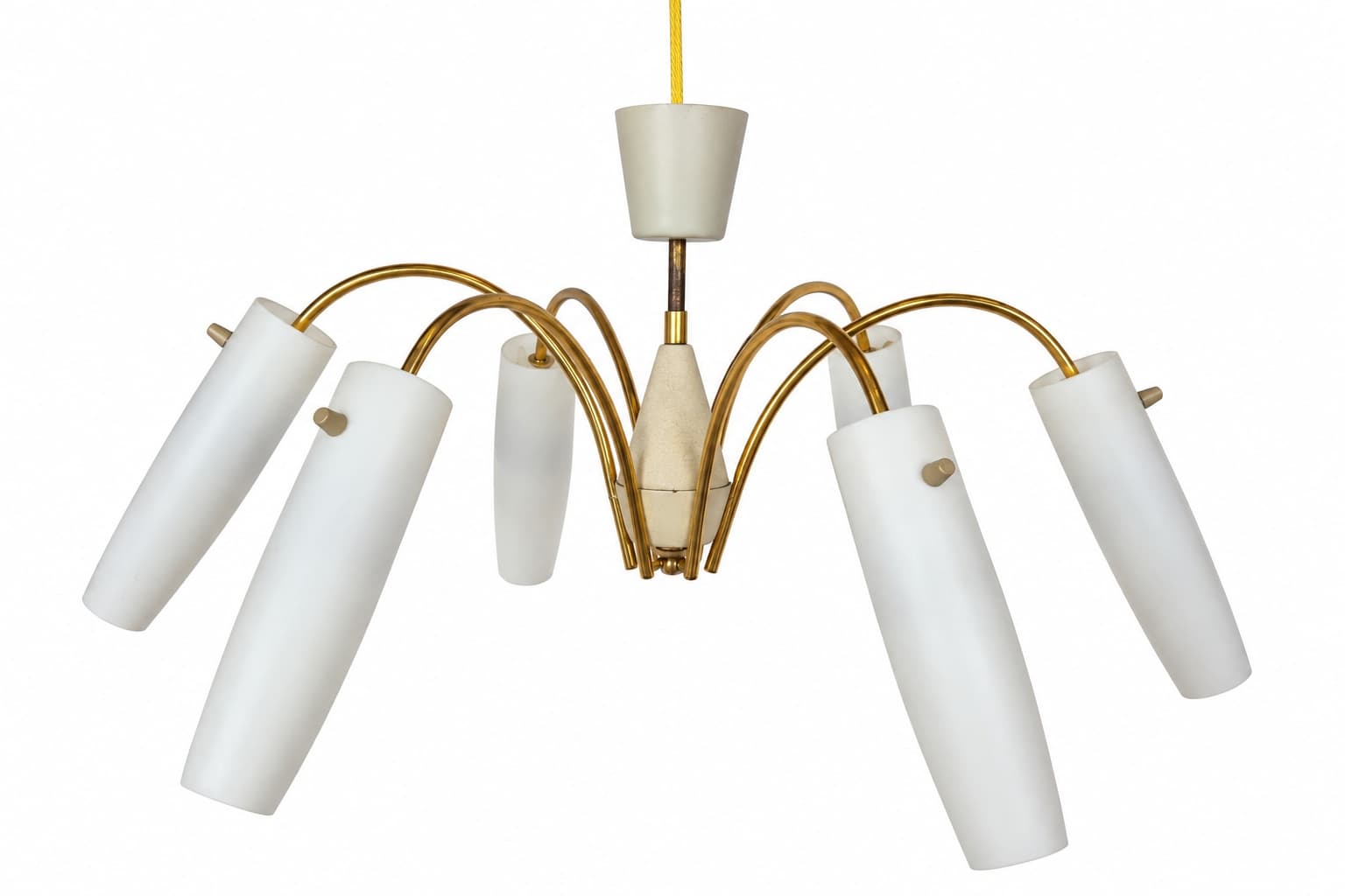 Chandelier Sputnik Rockabilly, gold brass, white glass, Germany, 1950s.