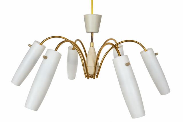 Chandelier Sputnik Rockabilly, gold brass, white glass, Germany, 1950s. - DIMENSION