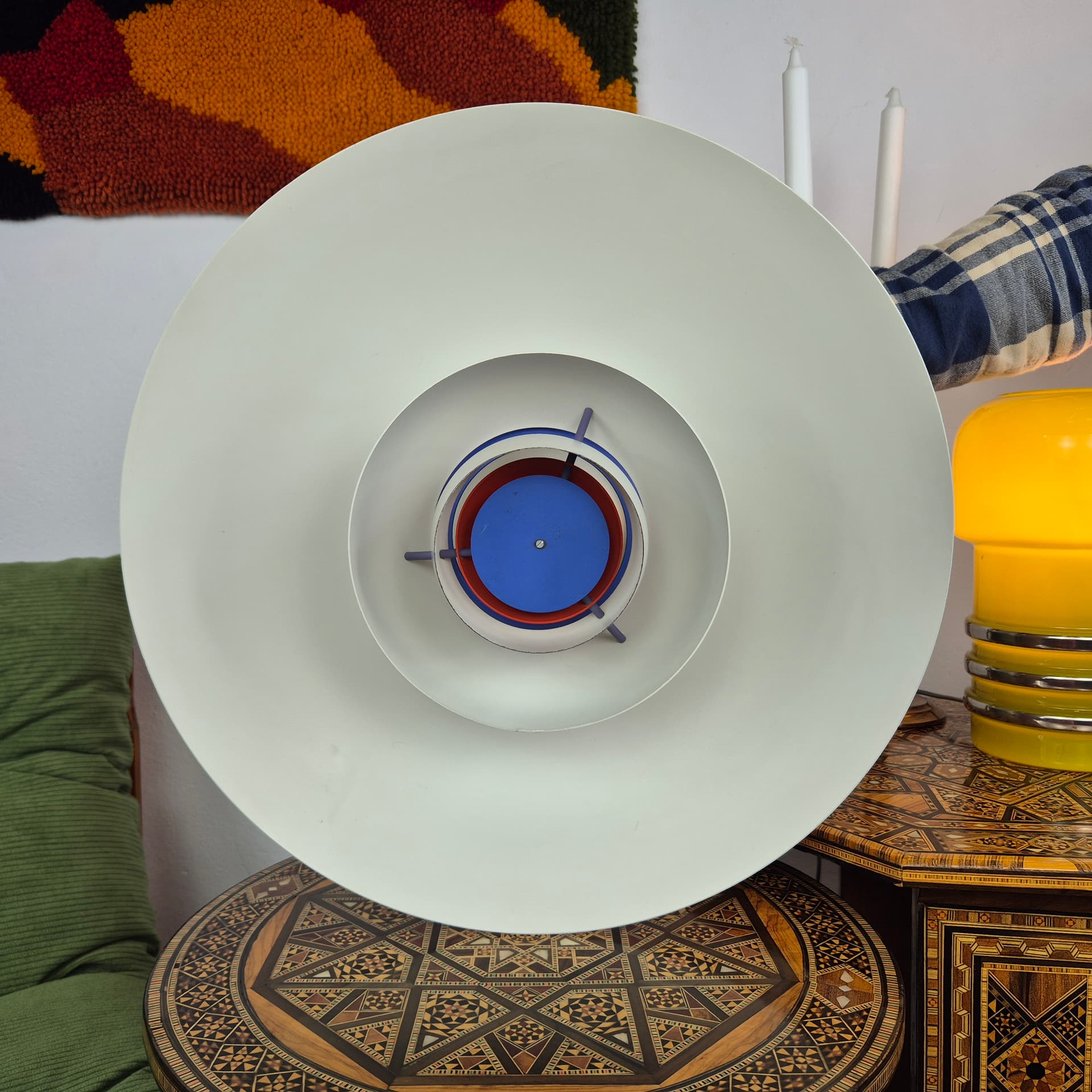 Pendant lamp PH5, white purple, aluminium, by P. Henningsen, Louis Poulsen, Denmark, 1990s. - 391576