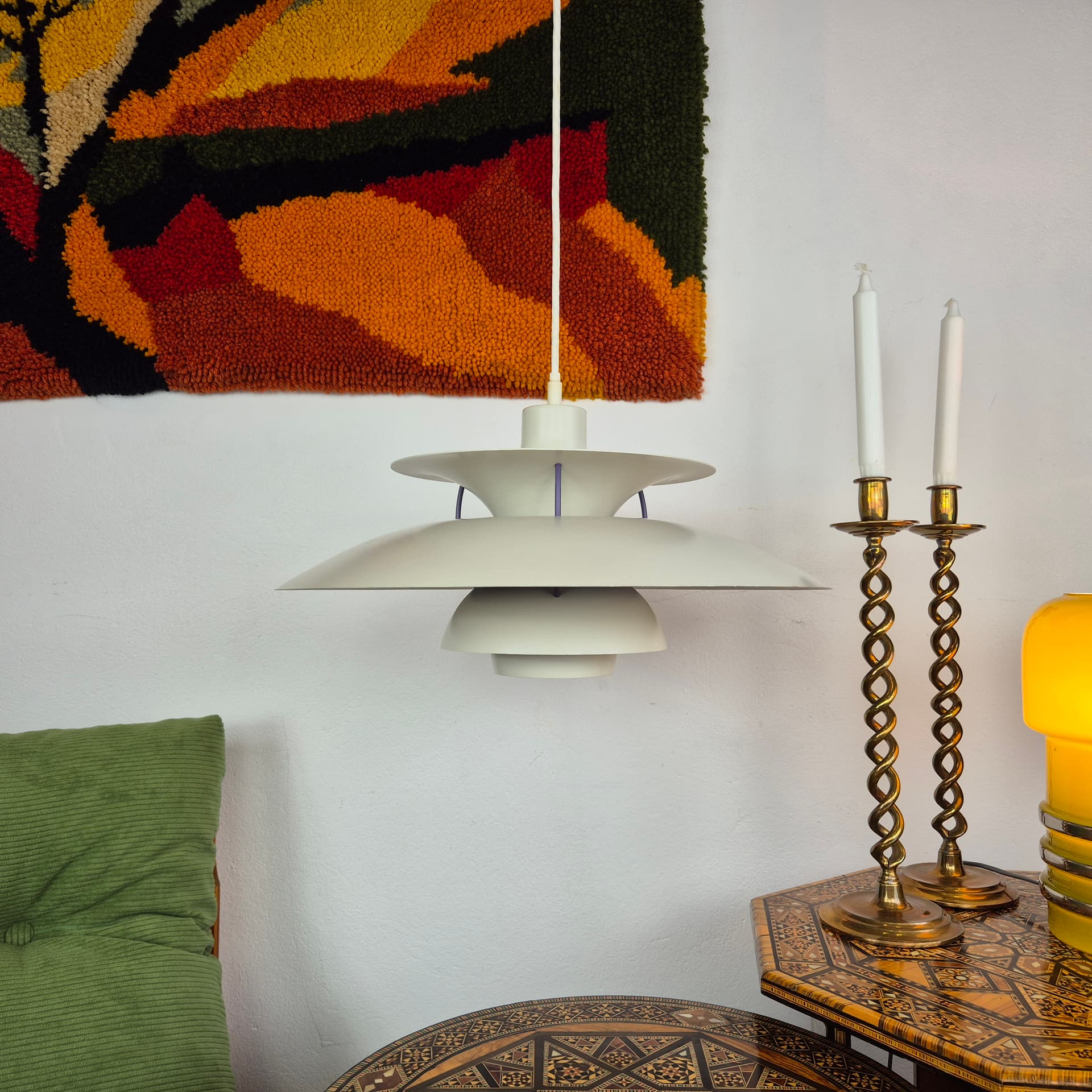 Pendant lamp PH5, white purple, aluminium, by P. Henningsen, Louis Poulsen, Denmark, 1990s. - 391567