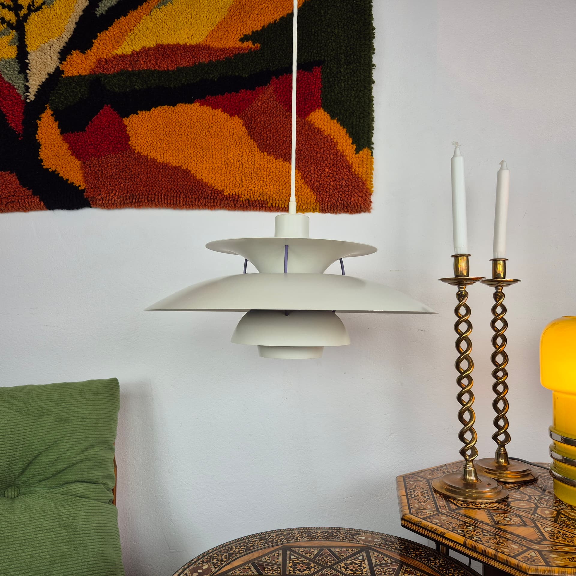 Pendant lamp PH5, white purple, aluminium, by P. Henningsen, Louis Poulsen, Denmark, 1990s. - 391577
