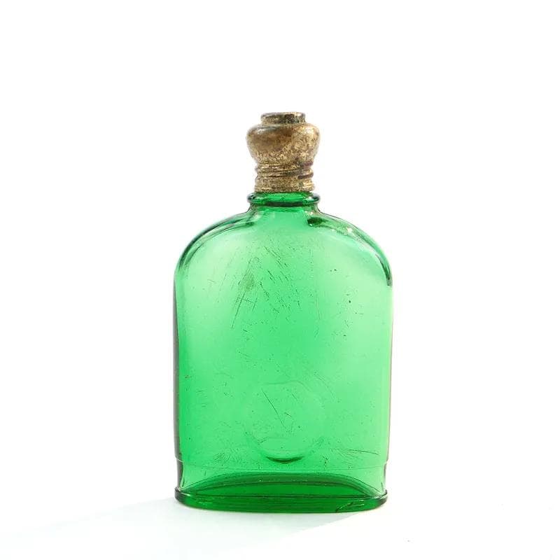 Flakon na perfumy, szkło sodowe zielone, mosiądz złoty, Wielka Brytania, początek XX w. - 391604