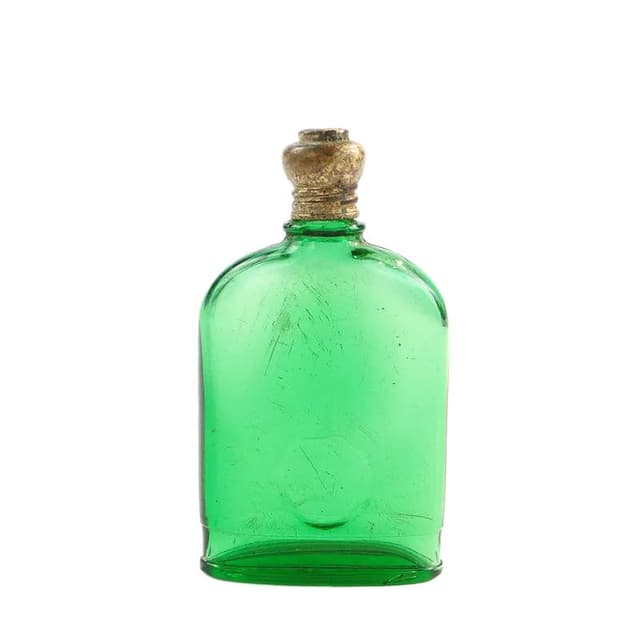 Flakon na perfumy, szkło sodowe zielone, mosiądz złoty, Wielka Brytania, początek XX w. - WYMIARY