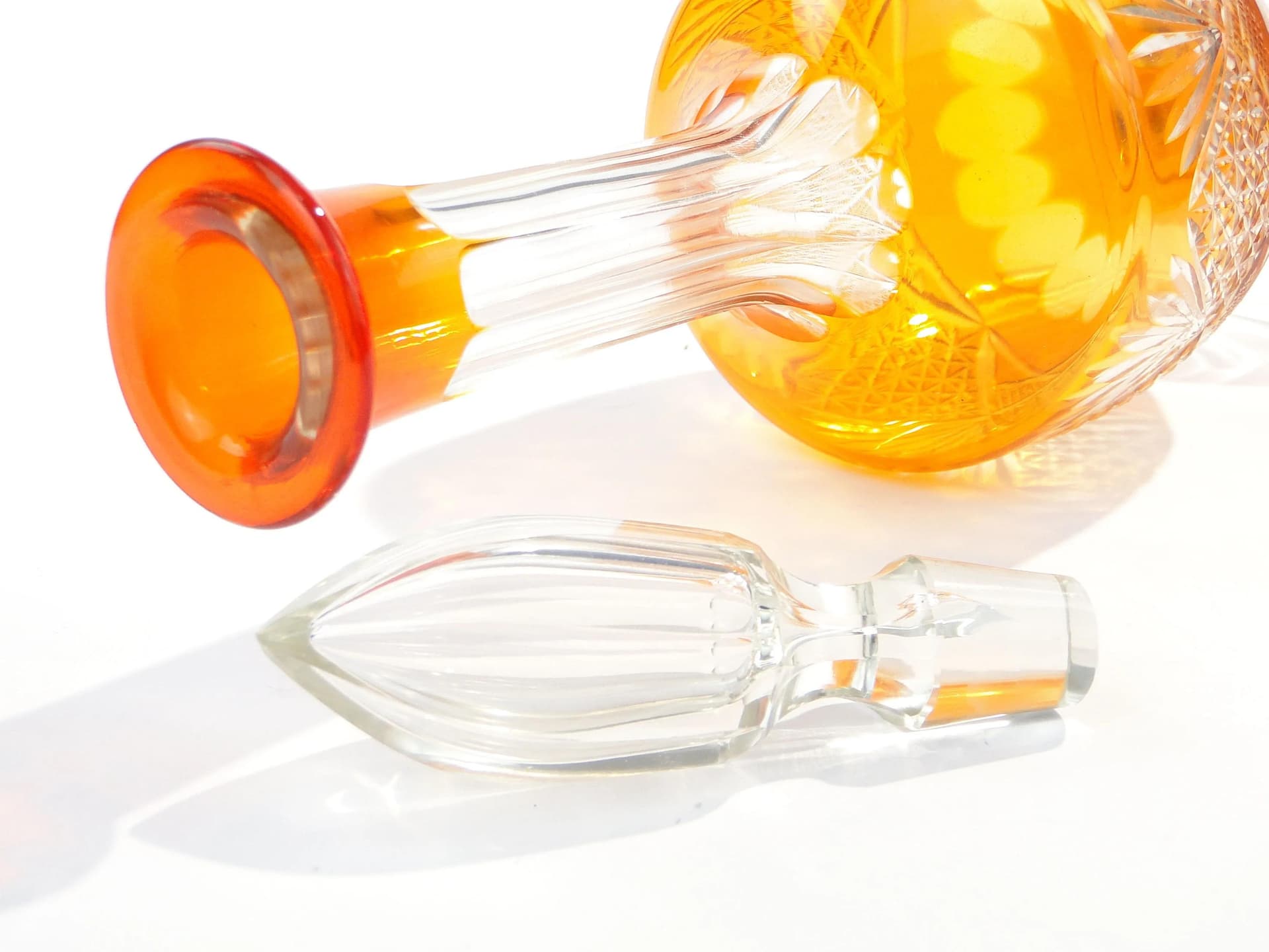 Decanter Art Deco, orange clear, crystal, Józefina Glassworks, Poland, 1920s. - 391827