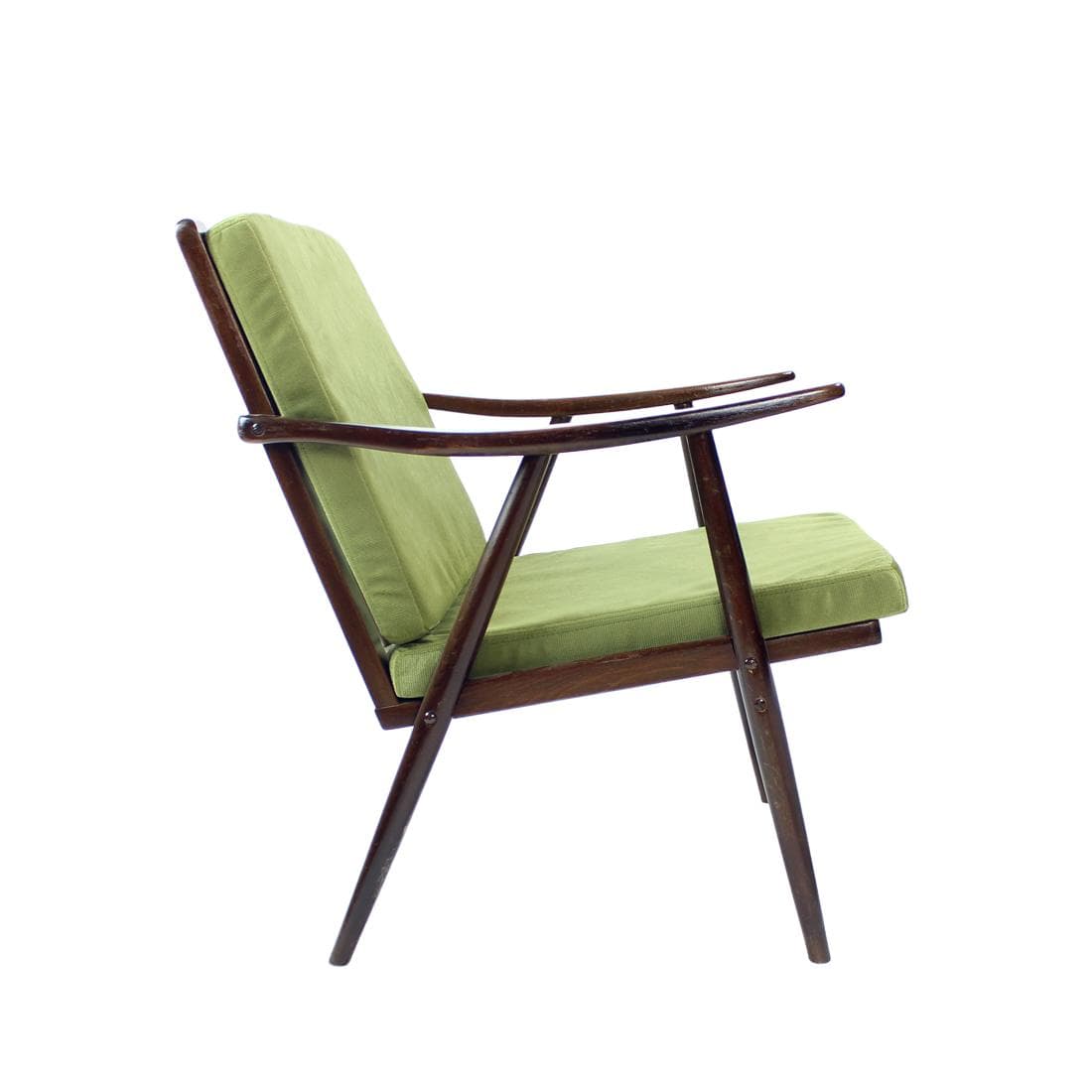 Fotel Boomerang, dąb brązowy, velvet zielony, Czechosłowacja, lata 60.