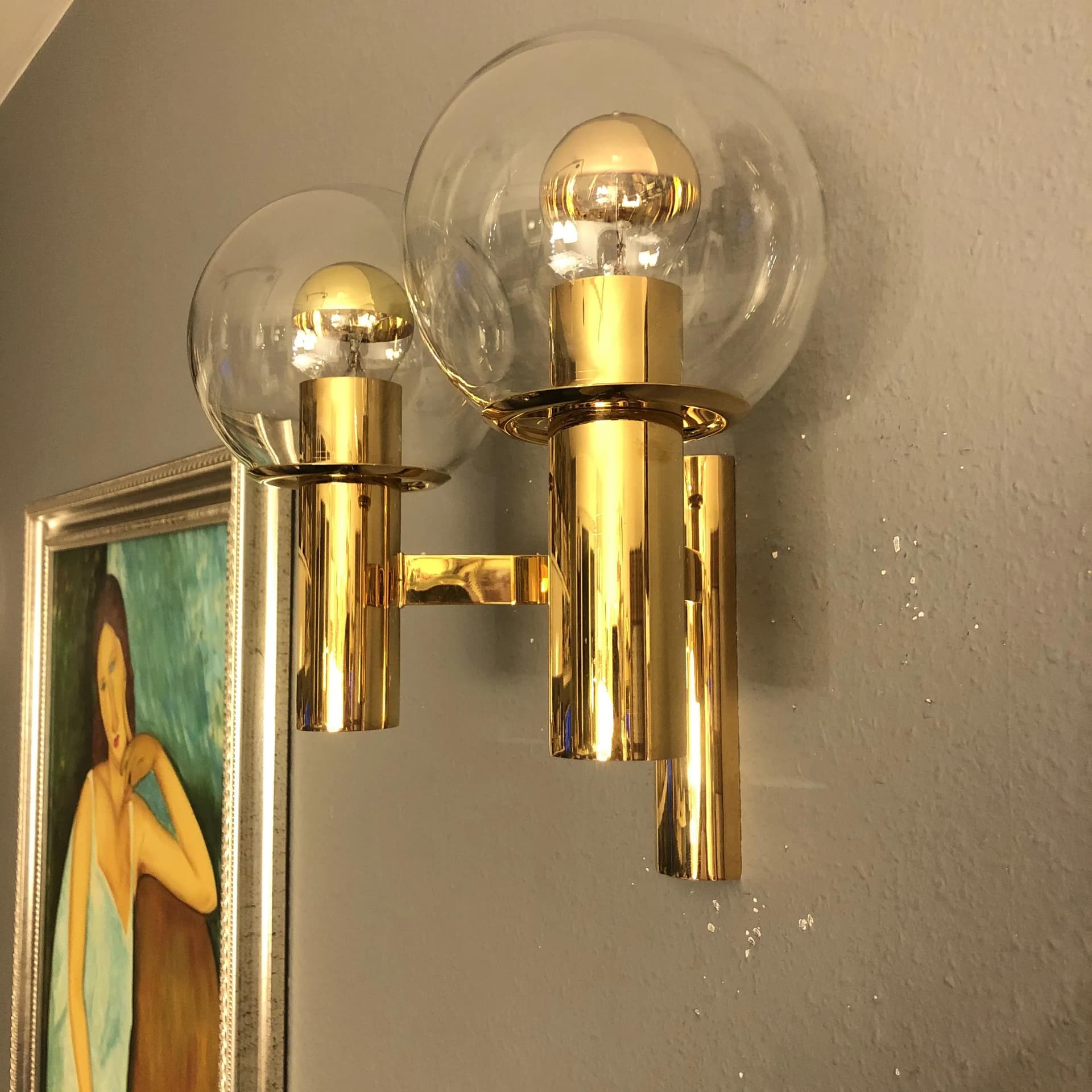 Pair of wall sconces, Space Age, gilded brass, glass, by G. Sciolari, Germany, 1970s. - 28852