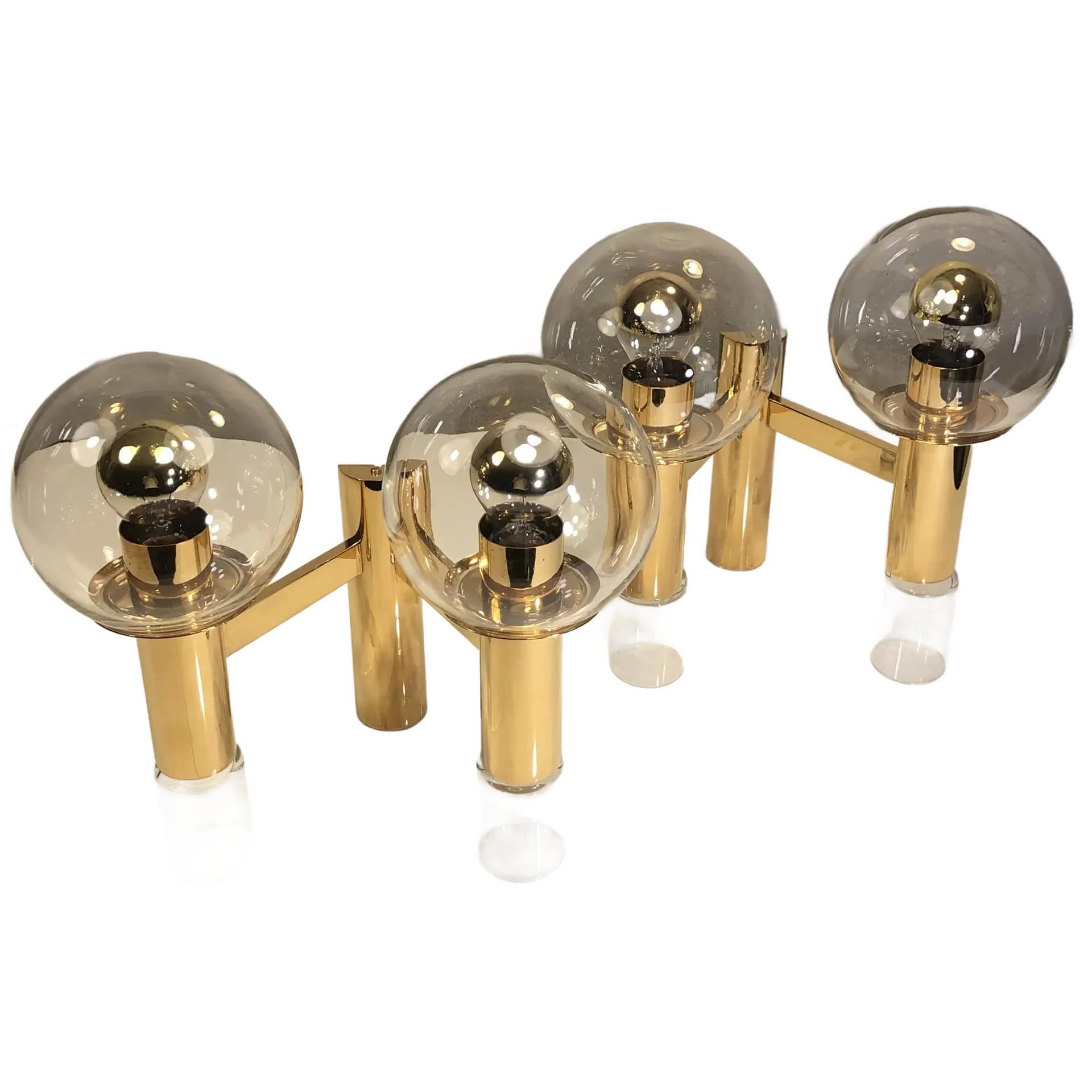 Pair of wall sconces, Space Age, gilded brass, glass, by G. Sciolari, Germany, 1970s.