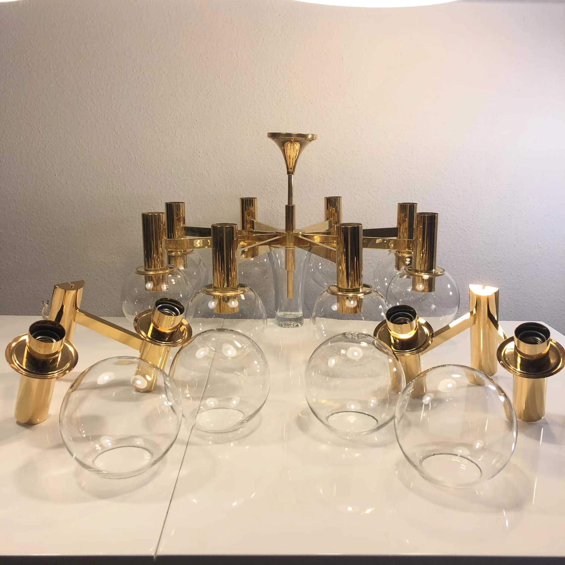 Pair of wall sconces, Space Age, gilded brass, glass, by G. Sciolari, Germany, 1970s. - 28850