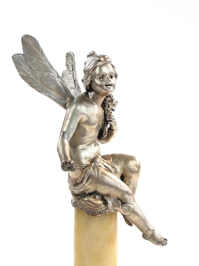 Figura Elfa, secesja, cyna srebrzona i miedziowana, alabaster beżowy, Francja, lata 90. XIX w. - 28893