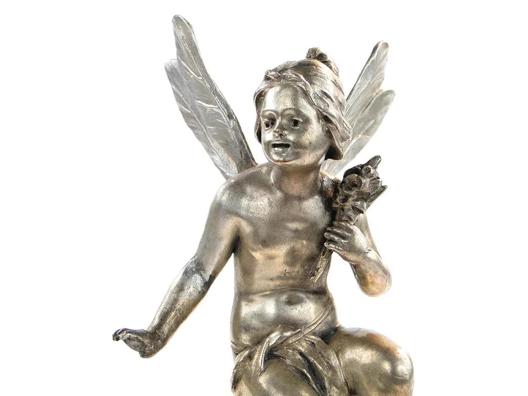 Figura Elfa, secesja, cyna srebrzona i miedziowana, alabaster beżowy, Francja, lata 90. XIX w. - 28887