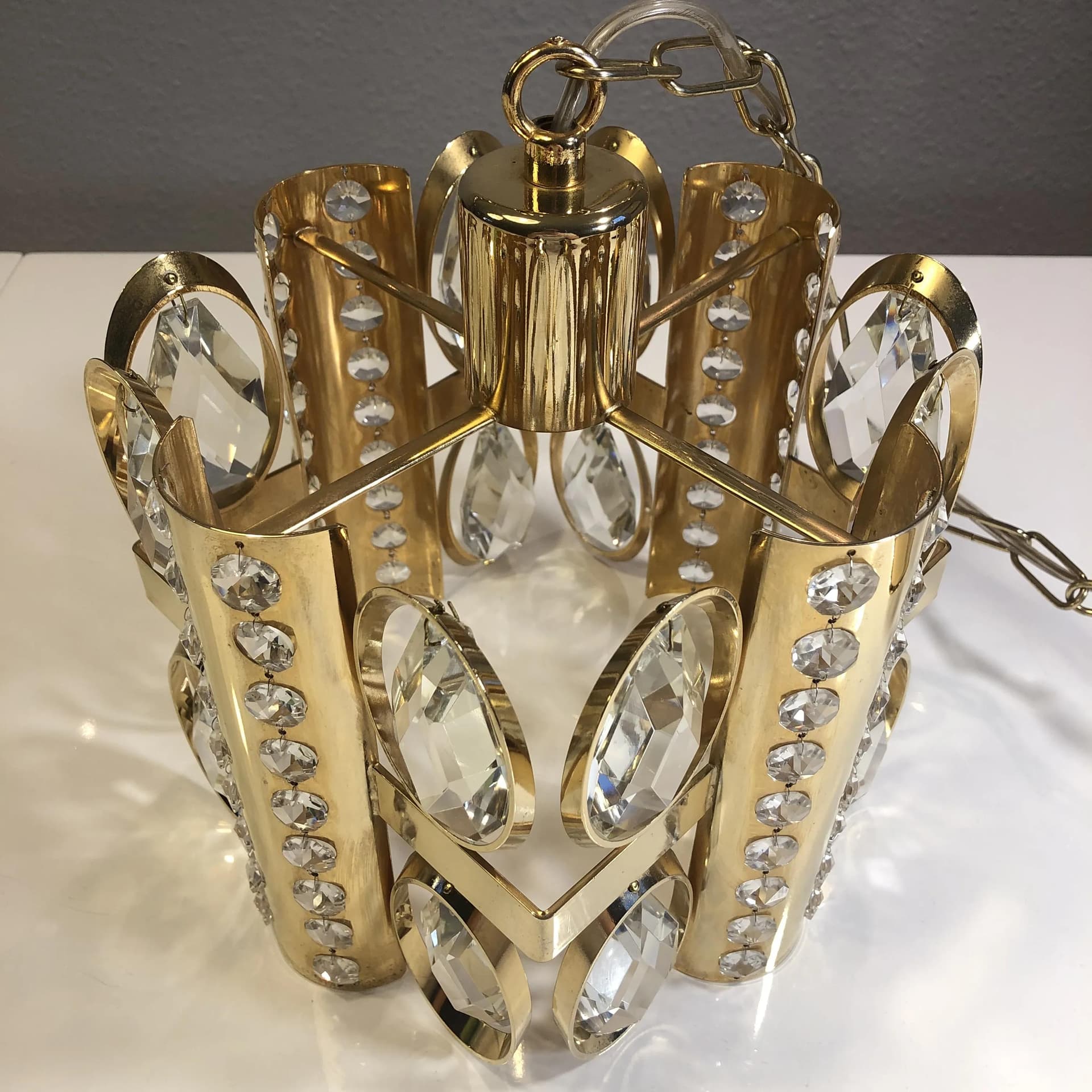 Ceiling lamp, golden brass crystal, Palwa, Germany, 1960s. - 28836