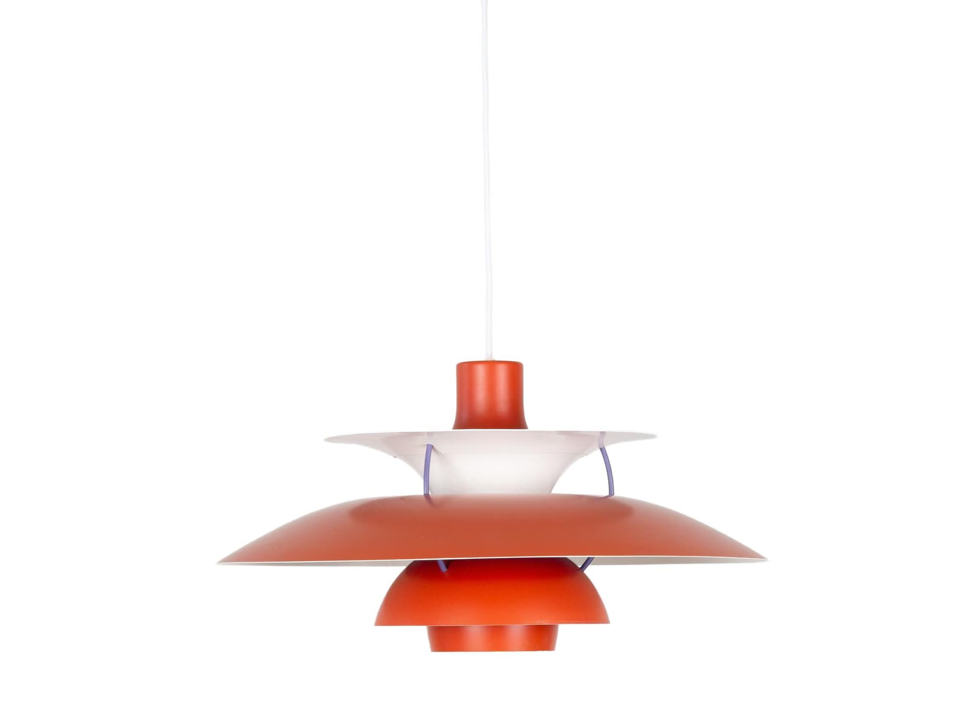 Pendant lamp PH 5, red aluminium, by P. Henningsen, Louis Poulsen, Denmark, 1960s.