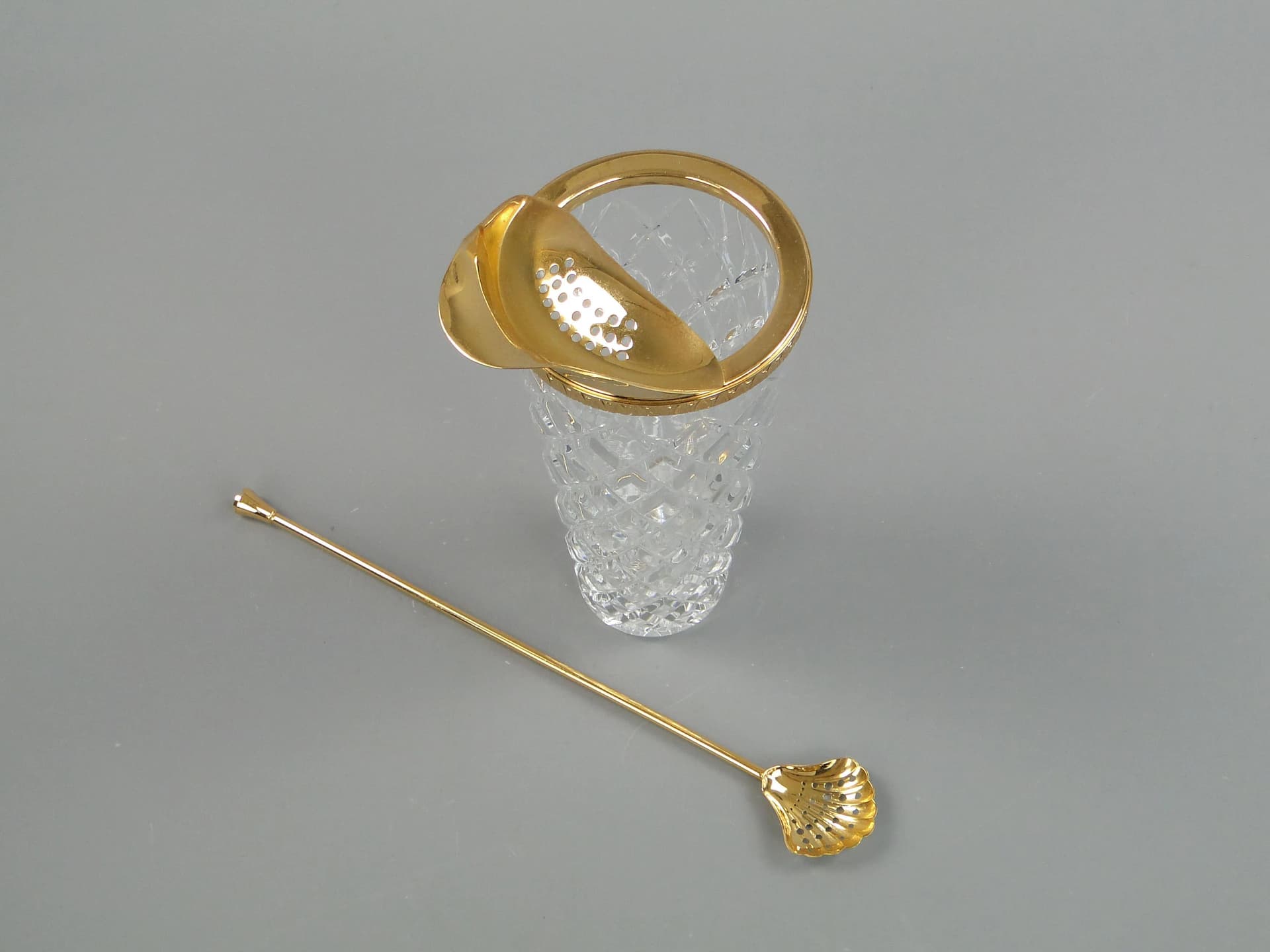 Shaker do drinków, kryształ transparentny, metal złoty, Niemcy, lata 50. - 393086