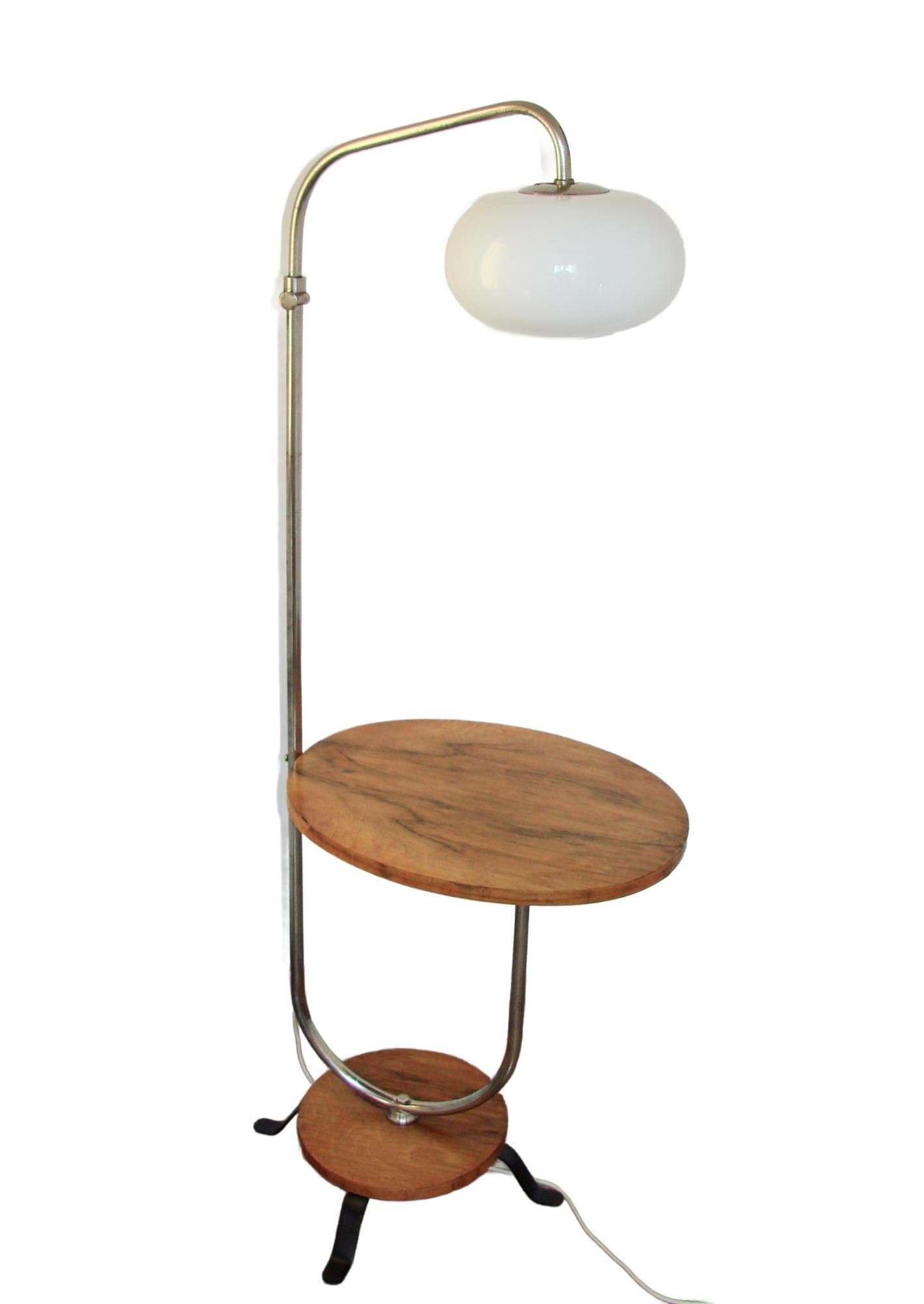 Lampa podłogowa ze stolikiem, drewno brązowy, stal srebrny, szkło biały, lata 40.