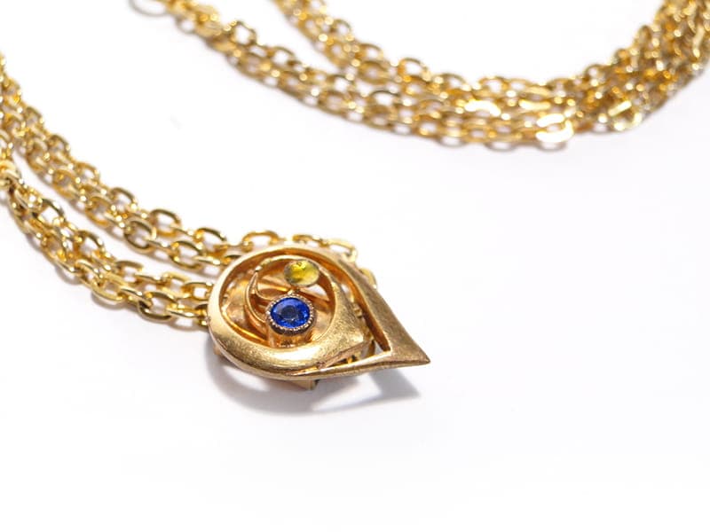 Pocket watch chain, gilded brass gold, blue glass, Austria, 1890s - 393330