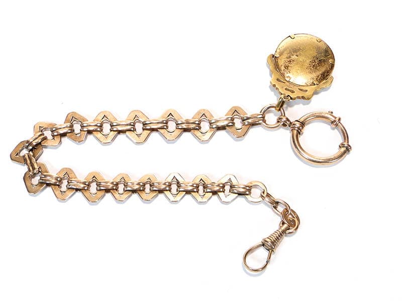 Pocket Watch Albert Chain with Medallion, gold-plated brass gold, glass clear, Austria, early 20th century - 393363