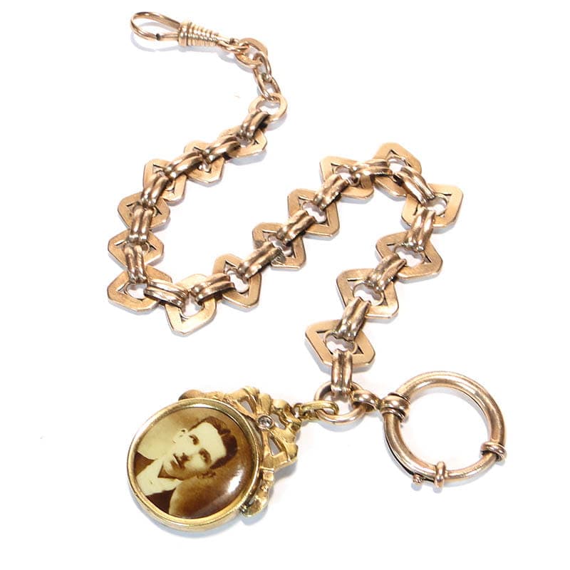 Pocket Watch Albert Chain with Medallion, gold-plated brass gold, glass clear, Austria, early 20th century