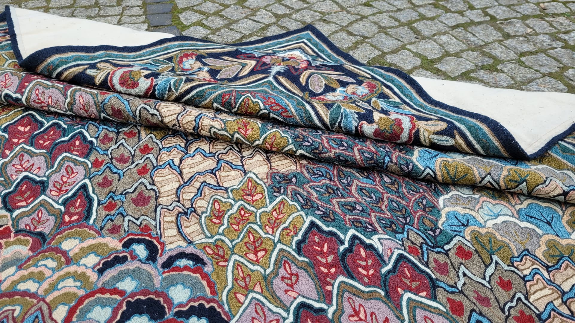 Kilim tapestry, 255x165 cm, blue red brown beige green gold, wool cotton, India, 1990s. - 393428