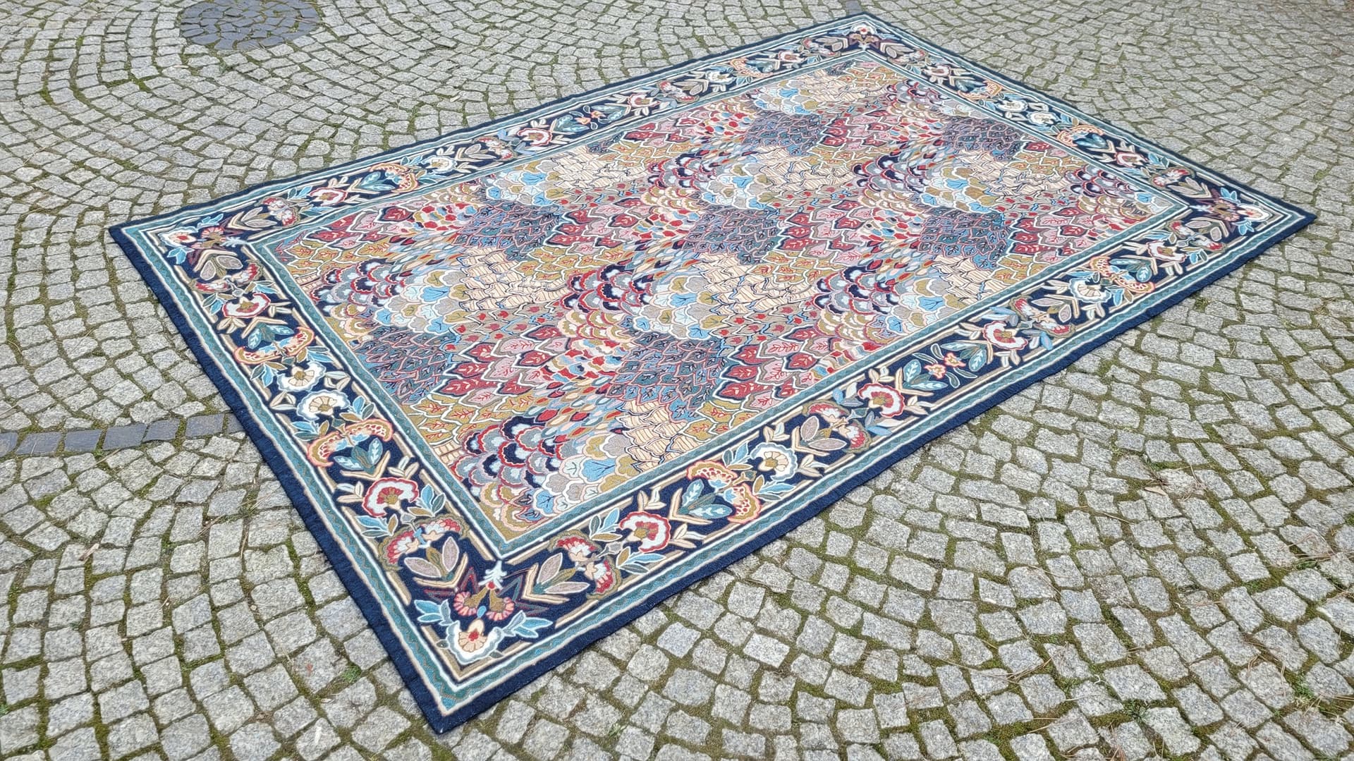 Kilim tapestry, 255x165 cm, blue red brown beige green gold, wool cotton, India, 1990s. - 393433