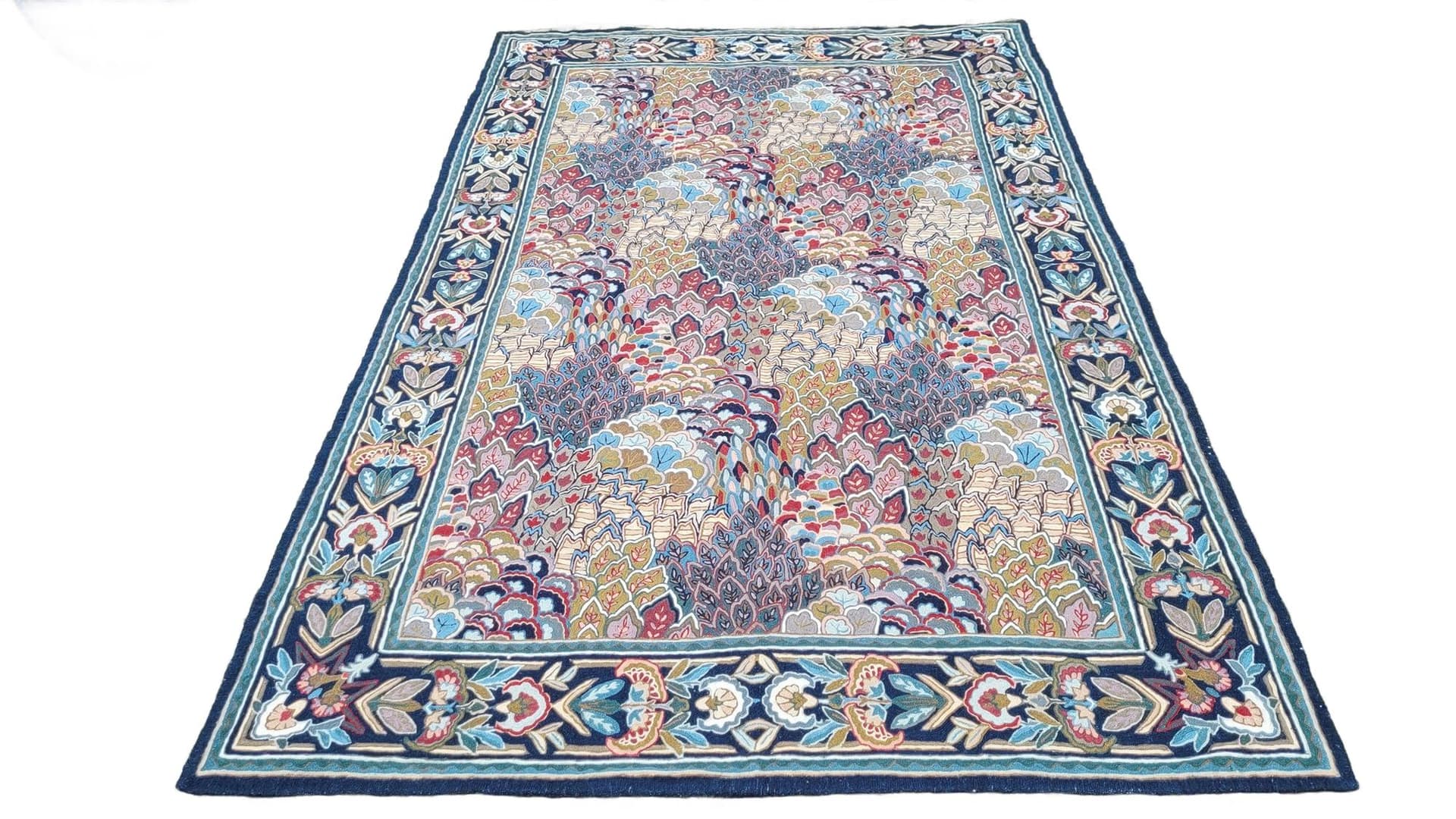 Kilim tapestry, 255x165 cm, blue red brown beige green gold, wool cotton, India, 1990s.