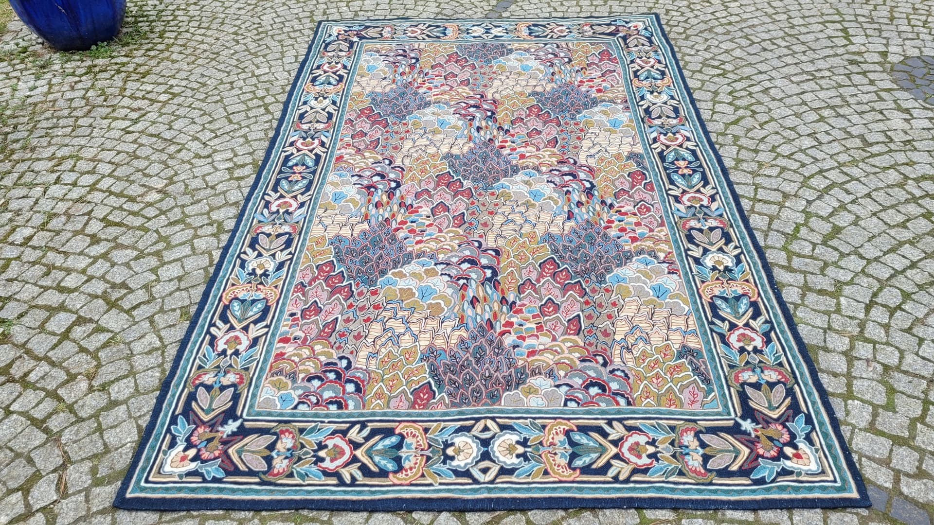 Kilim tapestry, 255x165 cm, blue red brown beige green gold, wool cotton, India, 1990s. - 393430